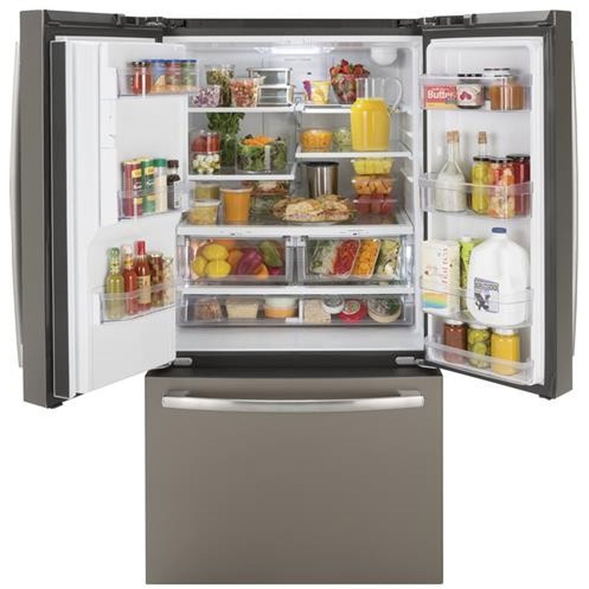 GE French door refrigerator open to show adjustable shelves, door bins, crispers, and full-width drawer