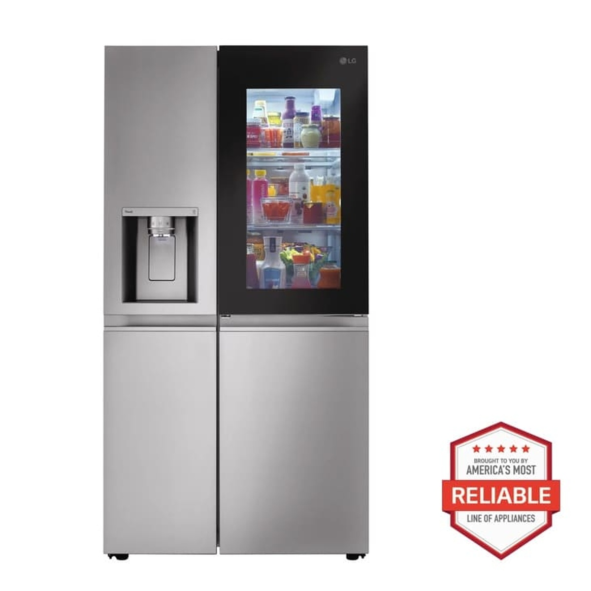Front view of LG side-by-side refrigerator with InstaView window and exterior water dispenser