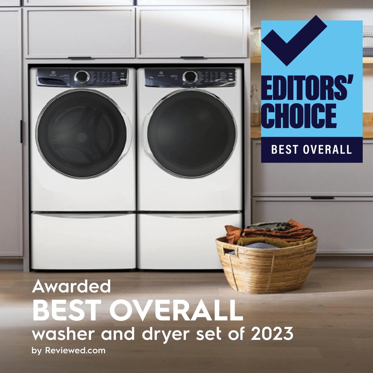 Electrolux front load washer and dryer set installed with an Editors Choice Best Overall award graphic