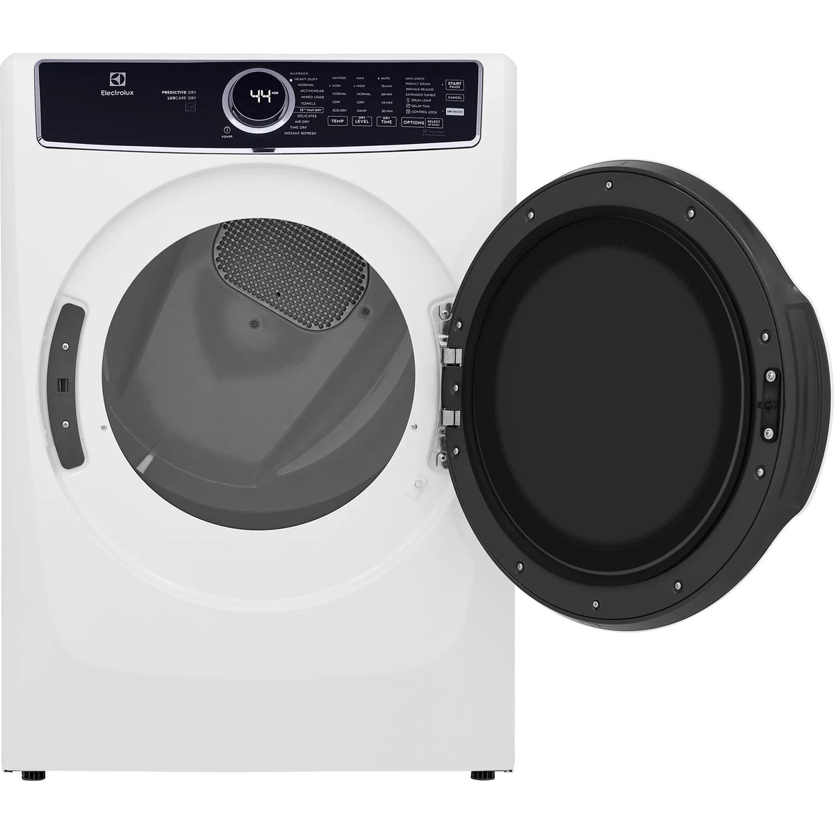 Electrolux white front load gas dryer with the door open showing the drum opening and control panel