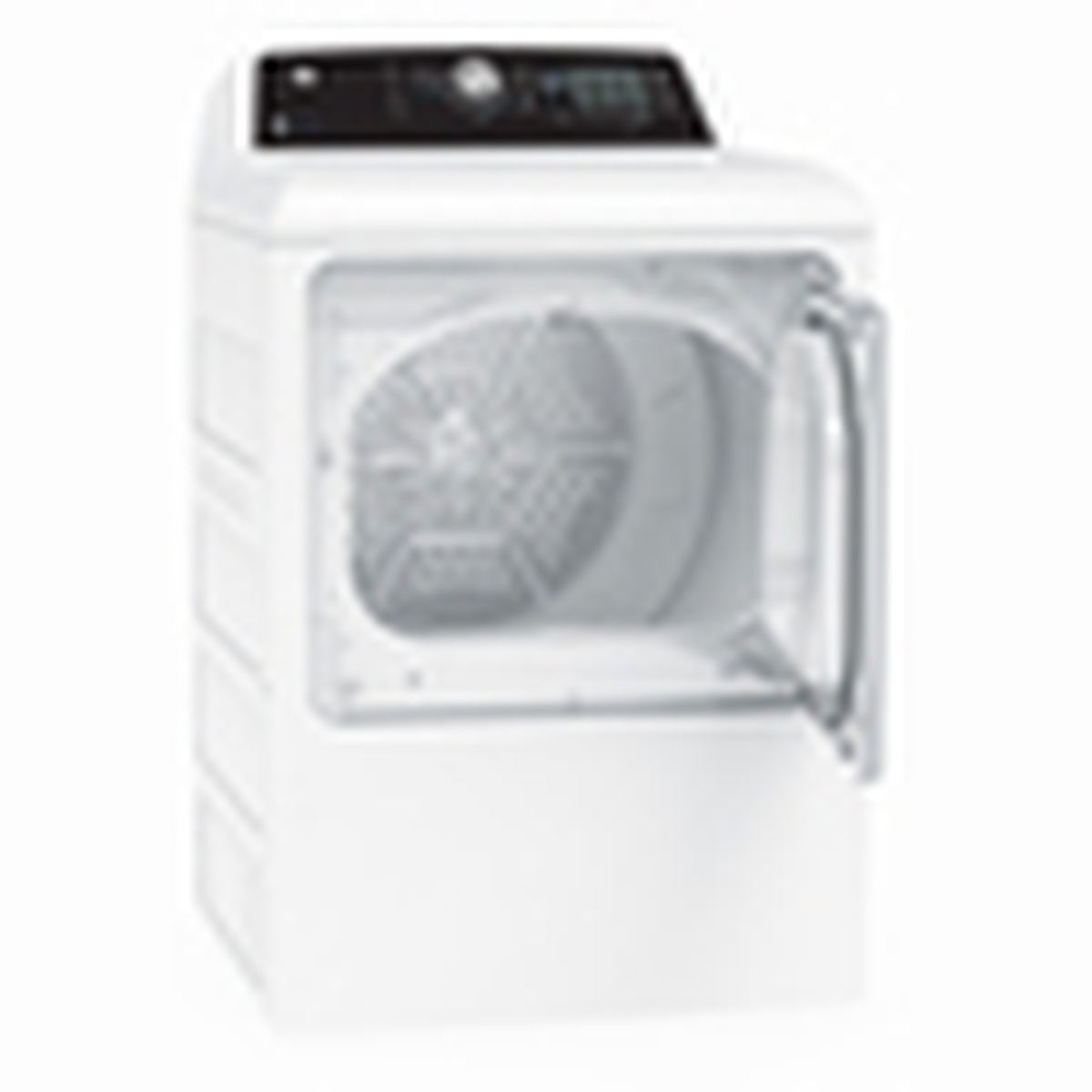 GE white gas dryer with the front door open, showing the drum opening and interior.