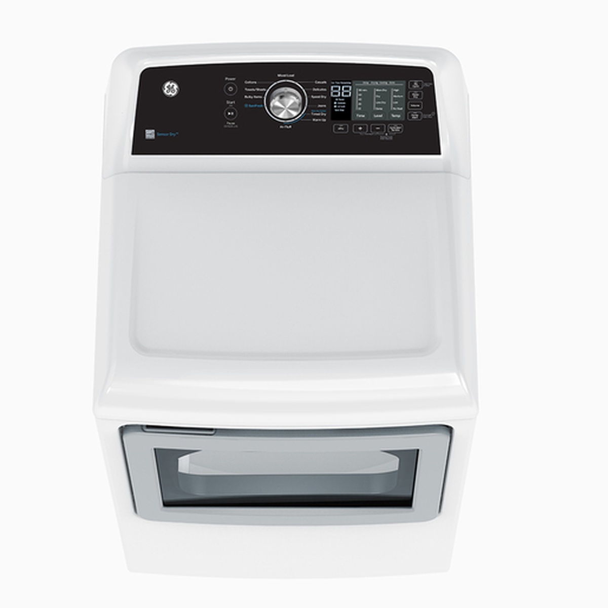 Top view of the GE gas dryer showing the rear control panel with cycle dial, digital display, and option buttons.