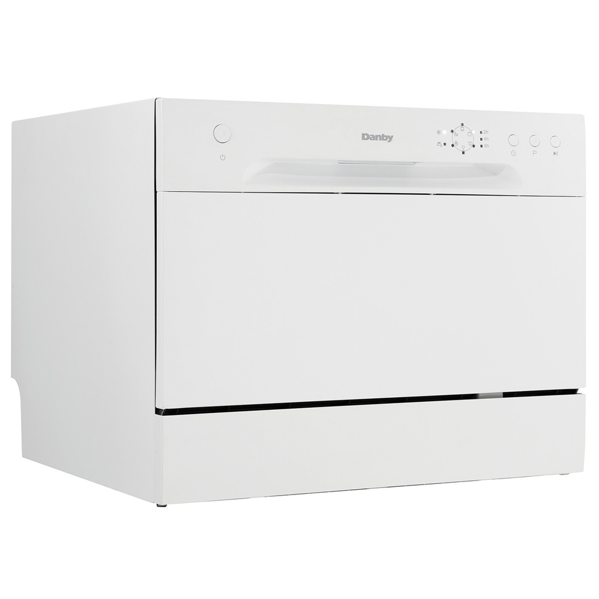 Angled front view of the Danby white countertop dishwasher showing the control panel