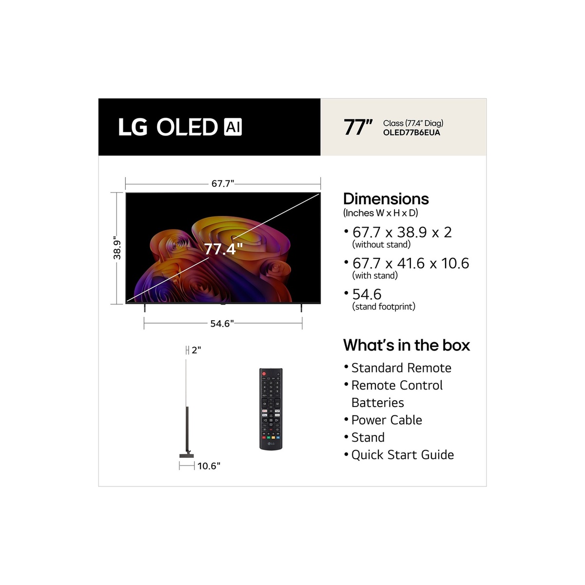 LG OLED77B6EUA size and dimensions chart with what’s in the box list and remote control