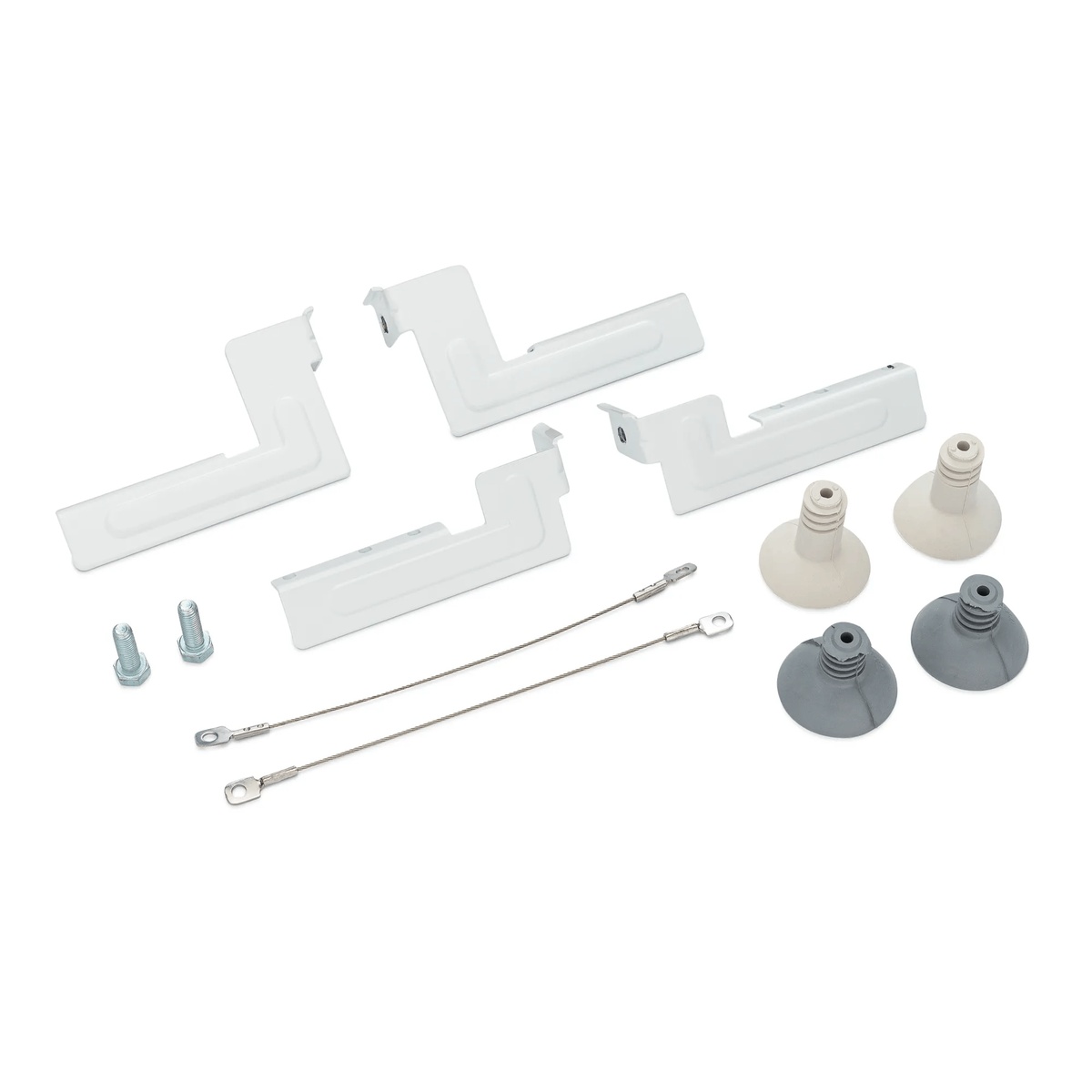 Electrolux laundry stacking kit with four metal brackets, bolts, safety cables, and replacement feet