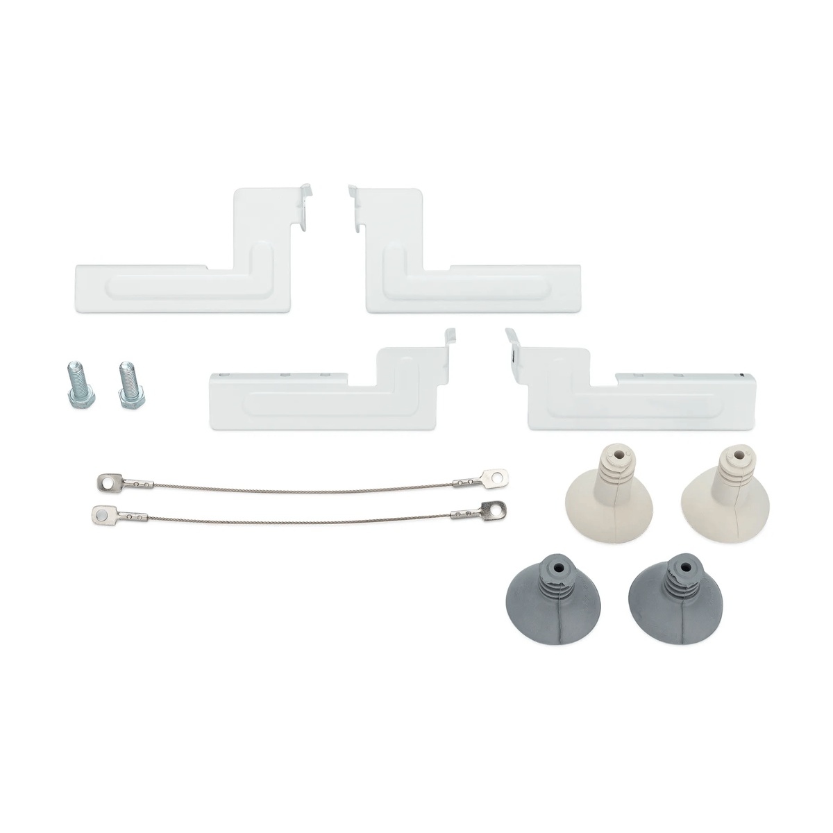 Electrolux stacking kit components laid out with brackets, safety cables, bolts, and replacement feet