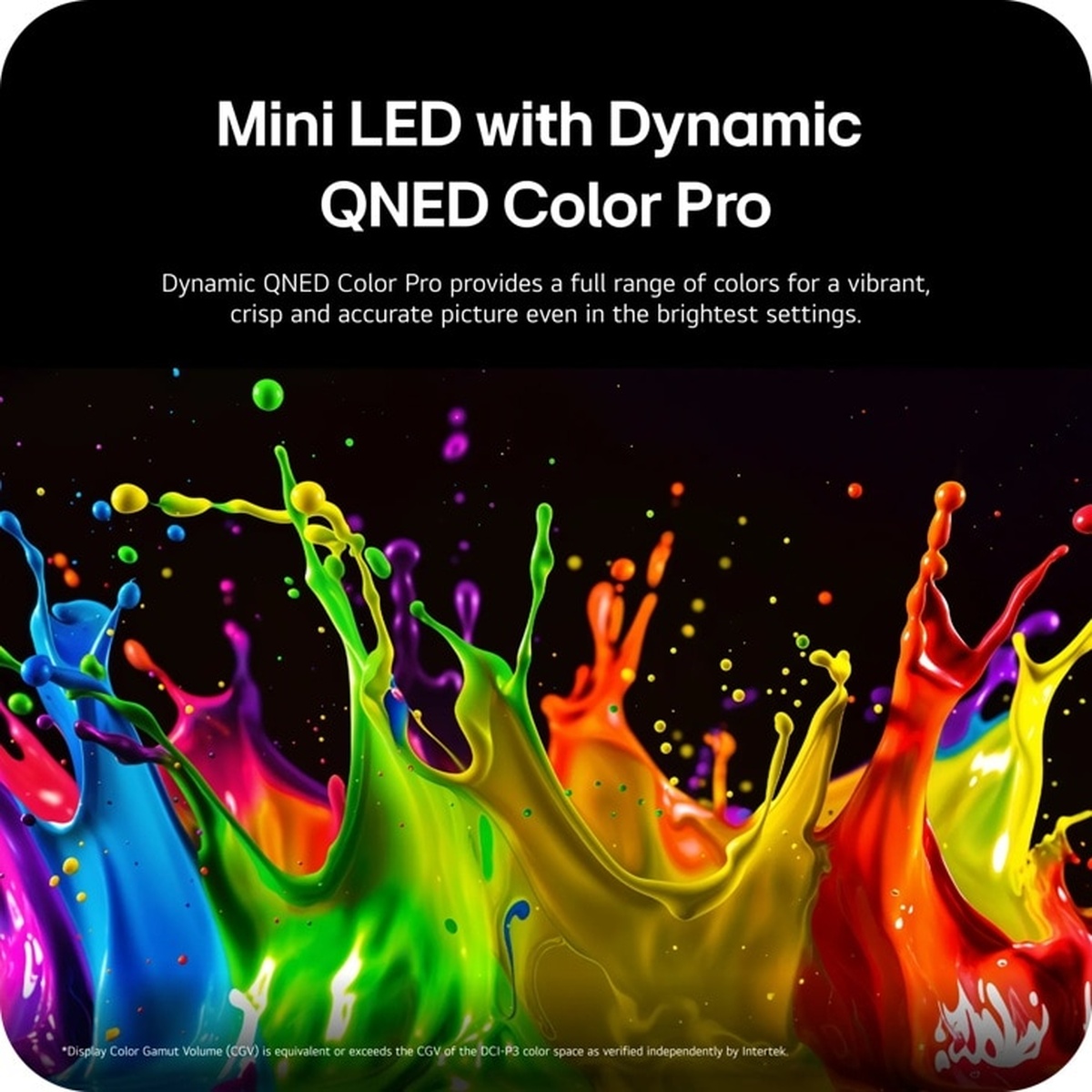 Promotional image highlighting Mini LED with Dynamic QNED Color Pro and colorful paint splash graphics