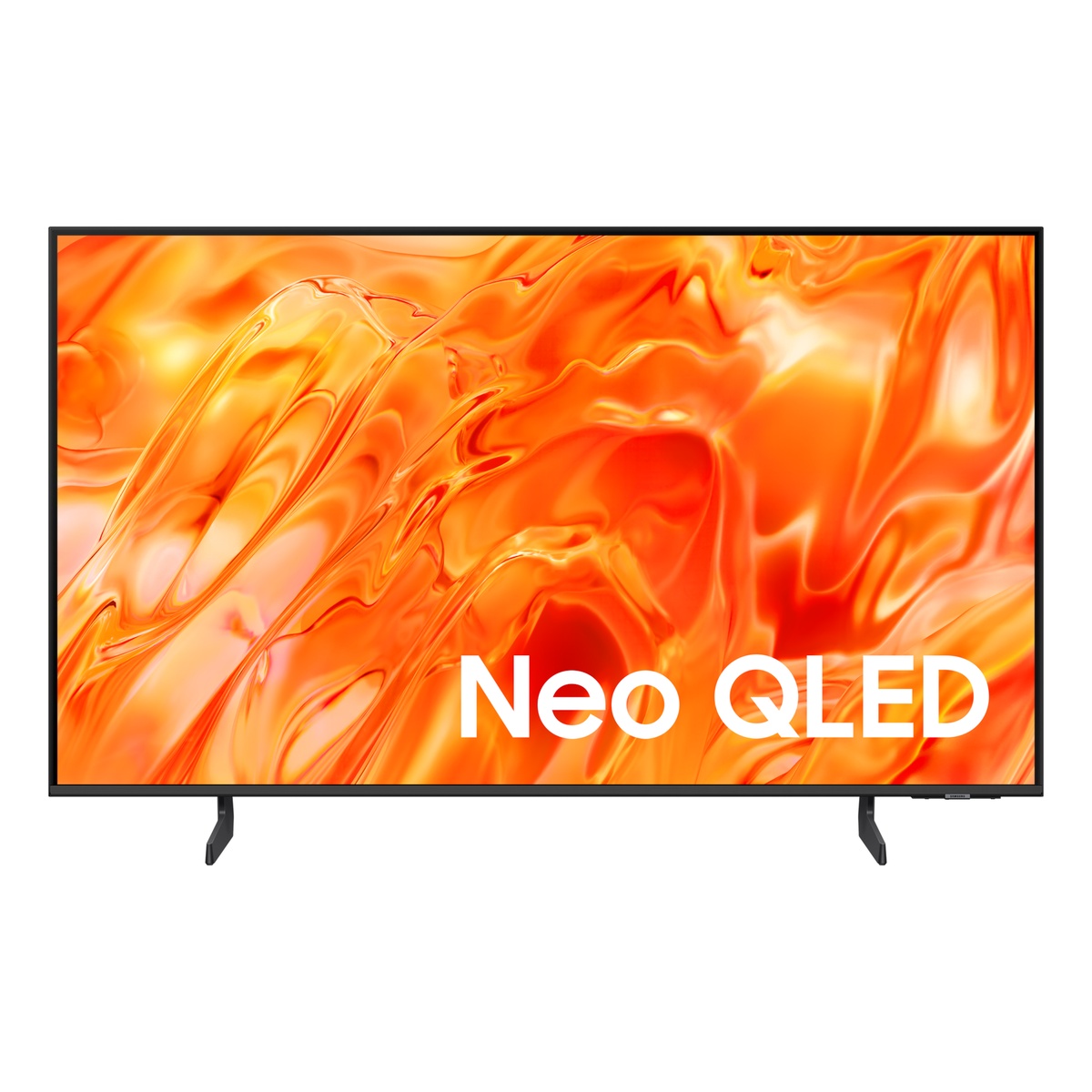 Front view of Samsung Neo QLED TV with slim bezel and dual feet stand