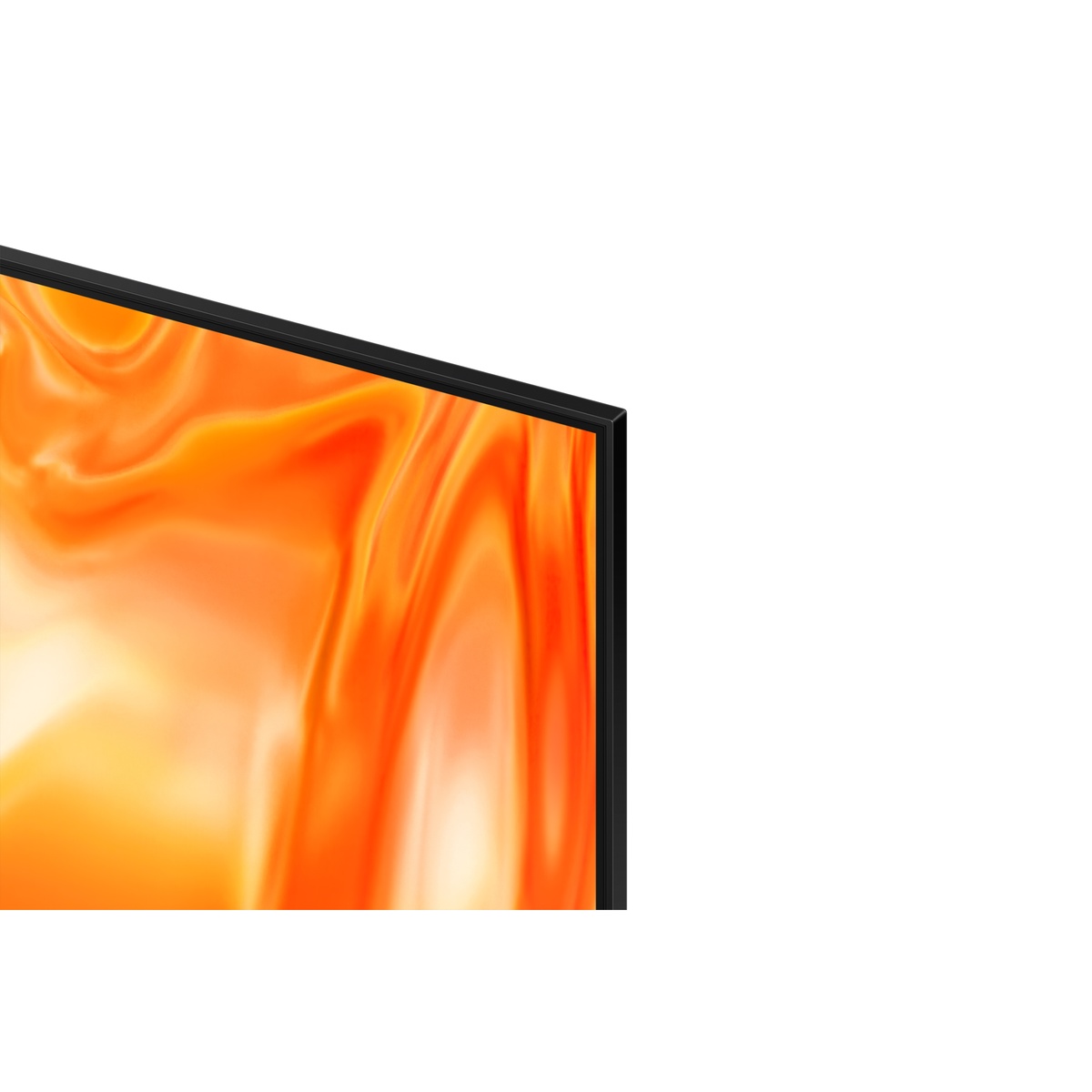 Close-up of the Samsung TV corner showing a thin bezel and slim panel edge