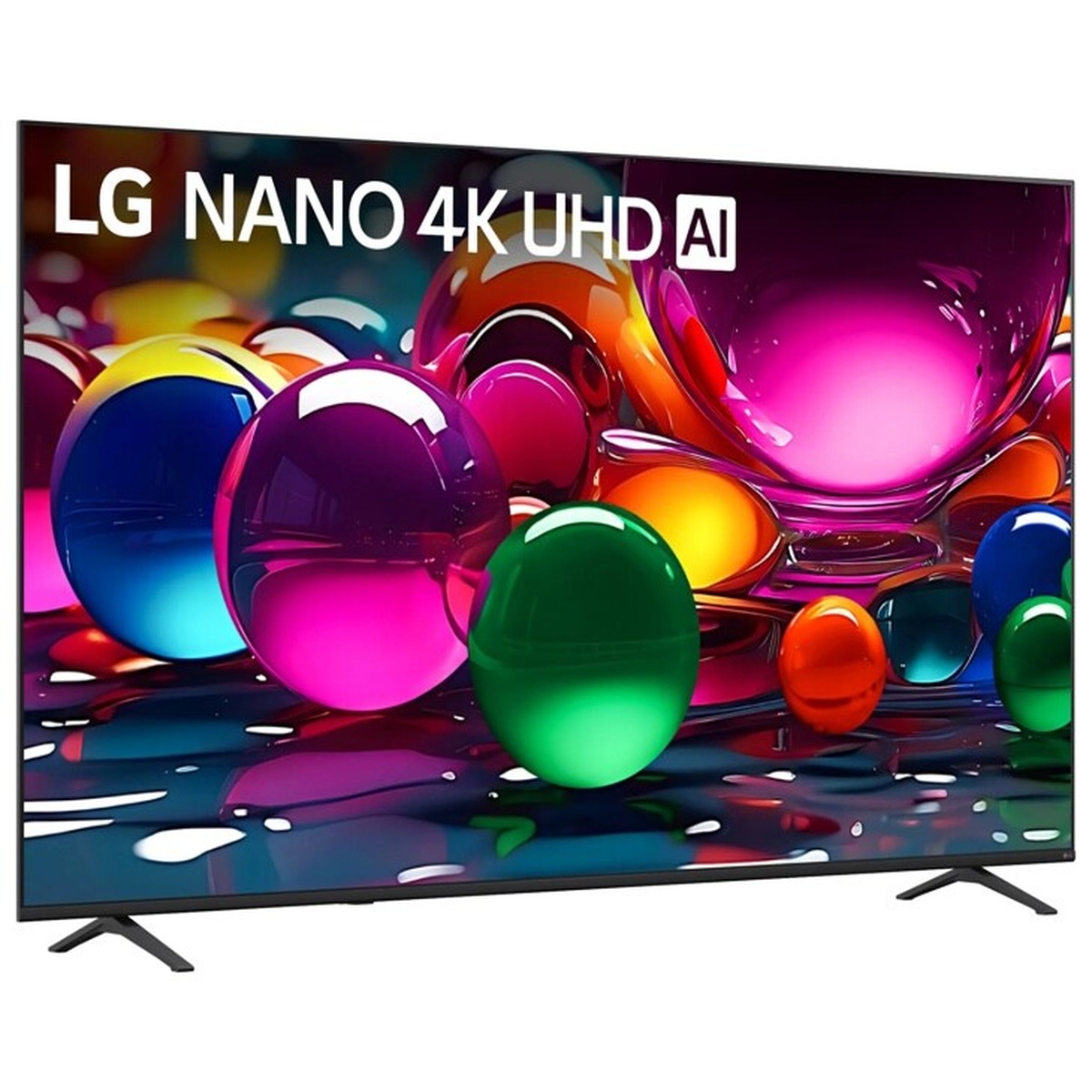 Angled view of LG Nano 4K UHD AI television with slim bezels and two feet stand