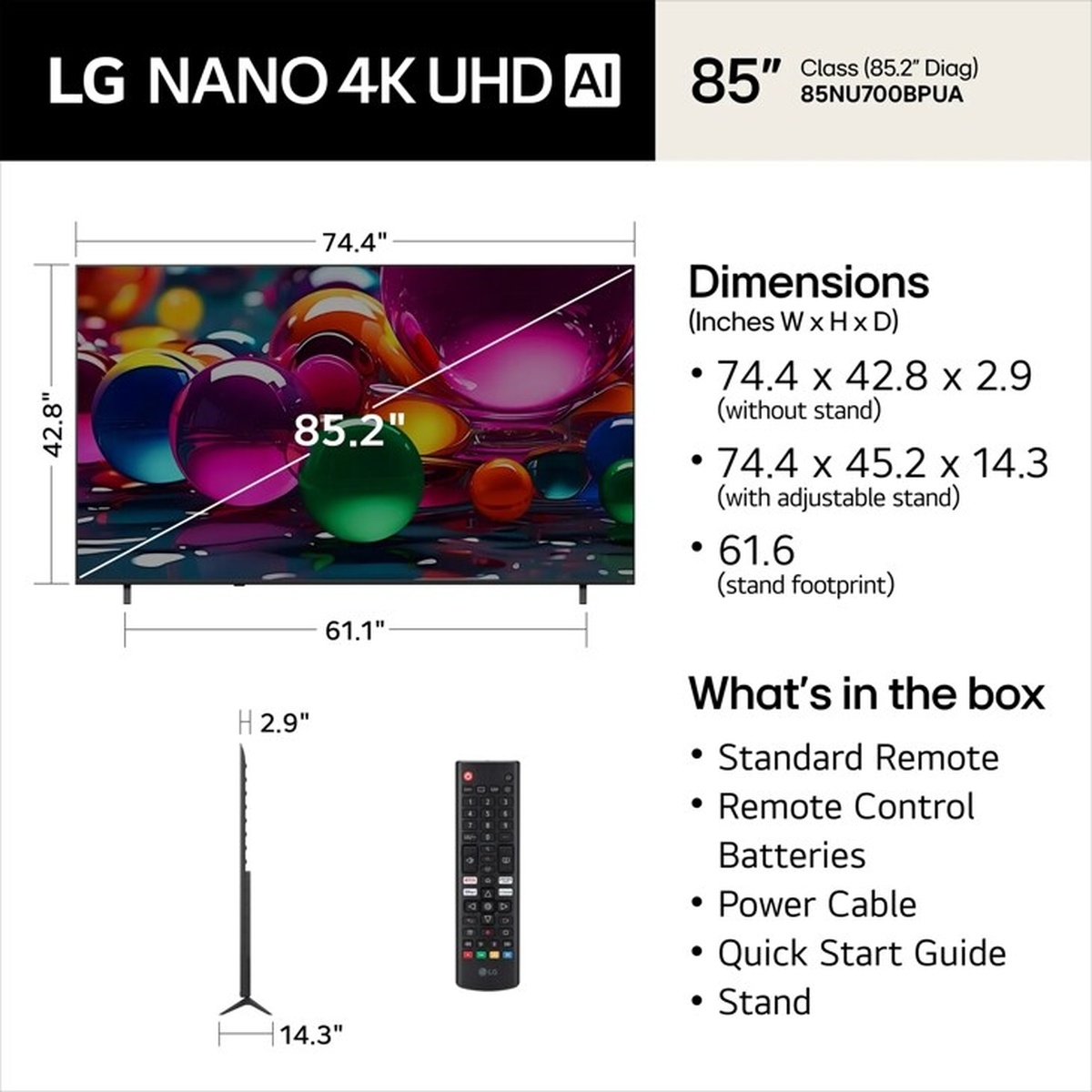 LG Nano 4K UHD AI TV dimension guide showing screen size, stand footprint, and included remote and accessories