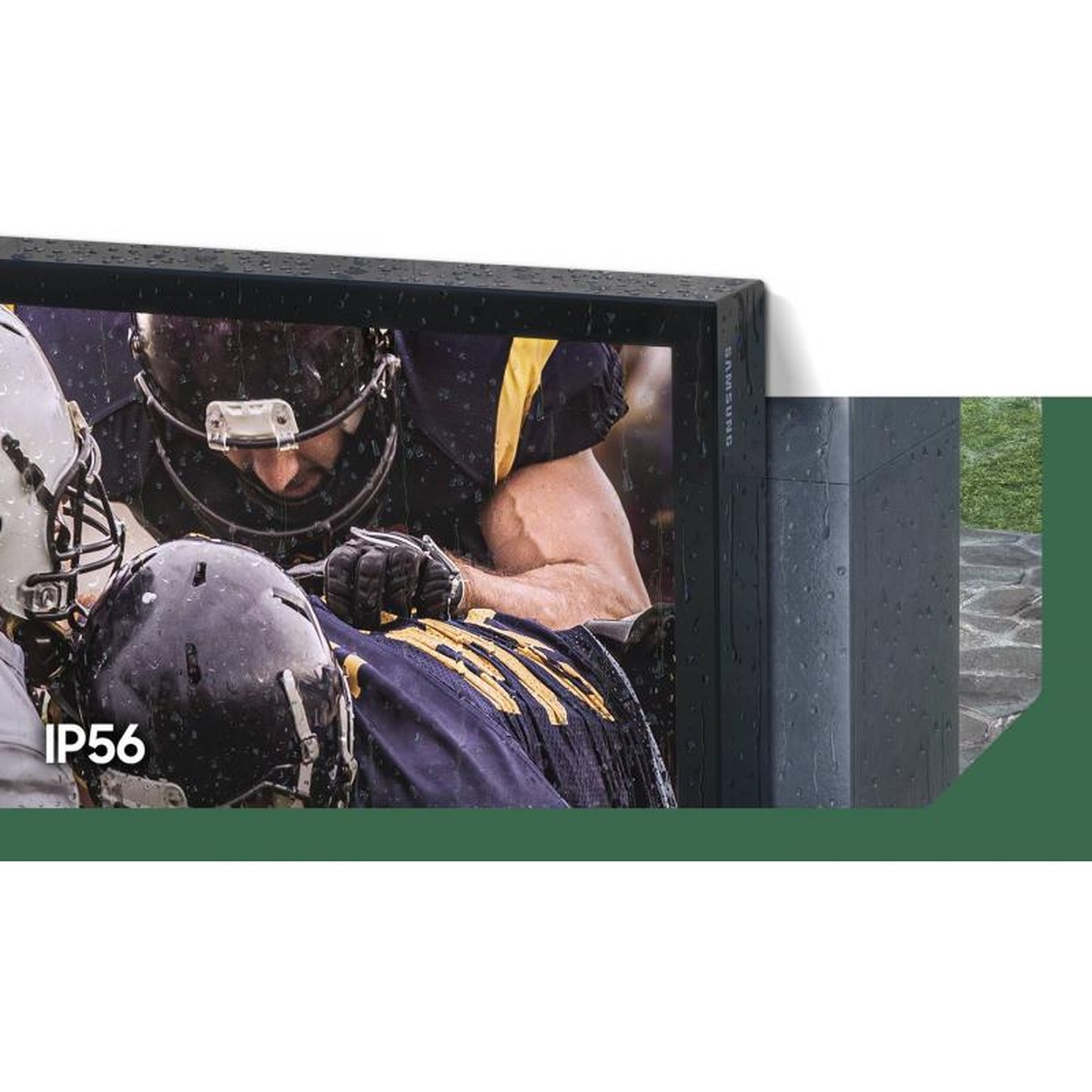 Close-up of the outdoor TV in rainy conditions highlighting IP56 weather protection
