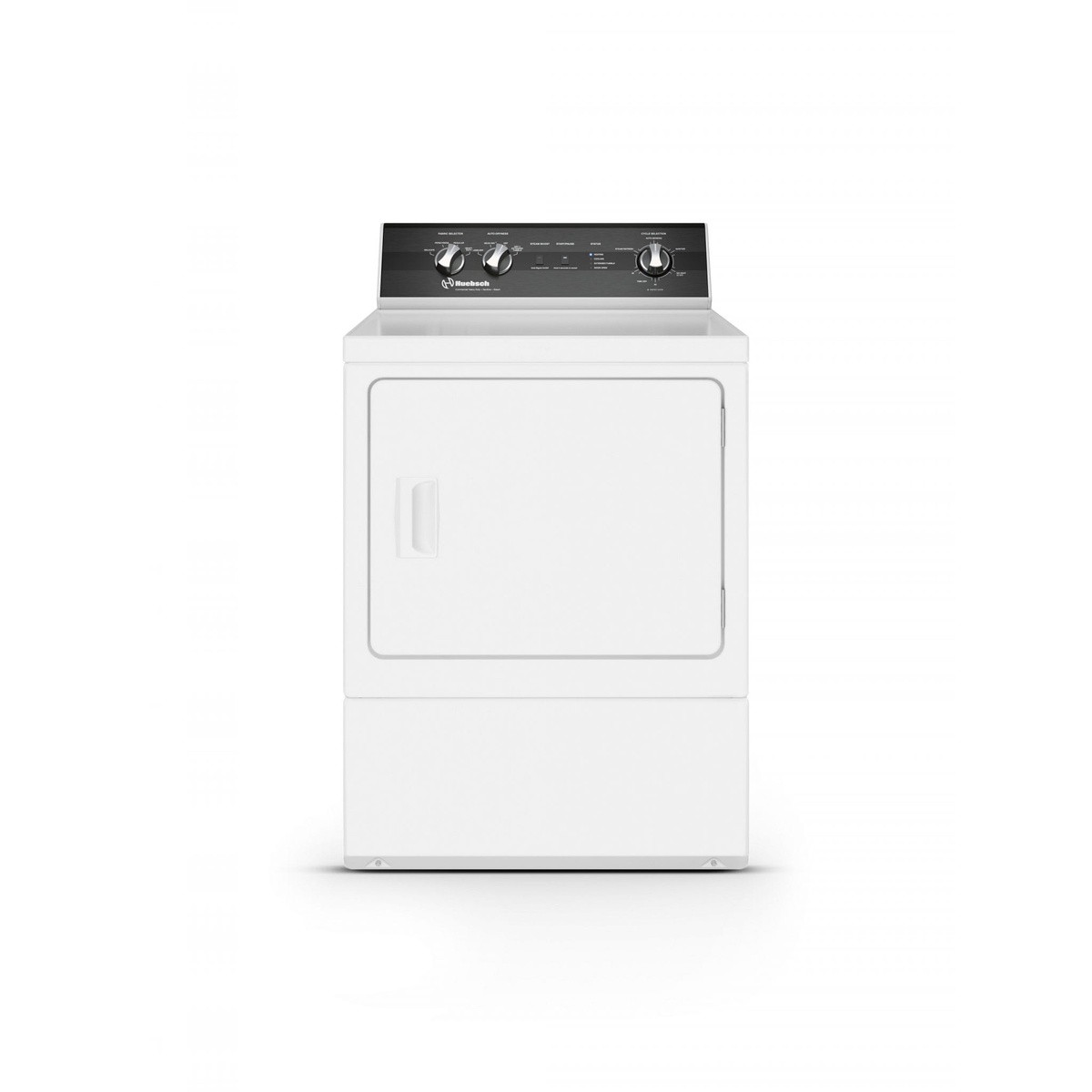 Front view of a white Huebsch DR5 series dryer with a black top control panel and rotary dials