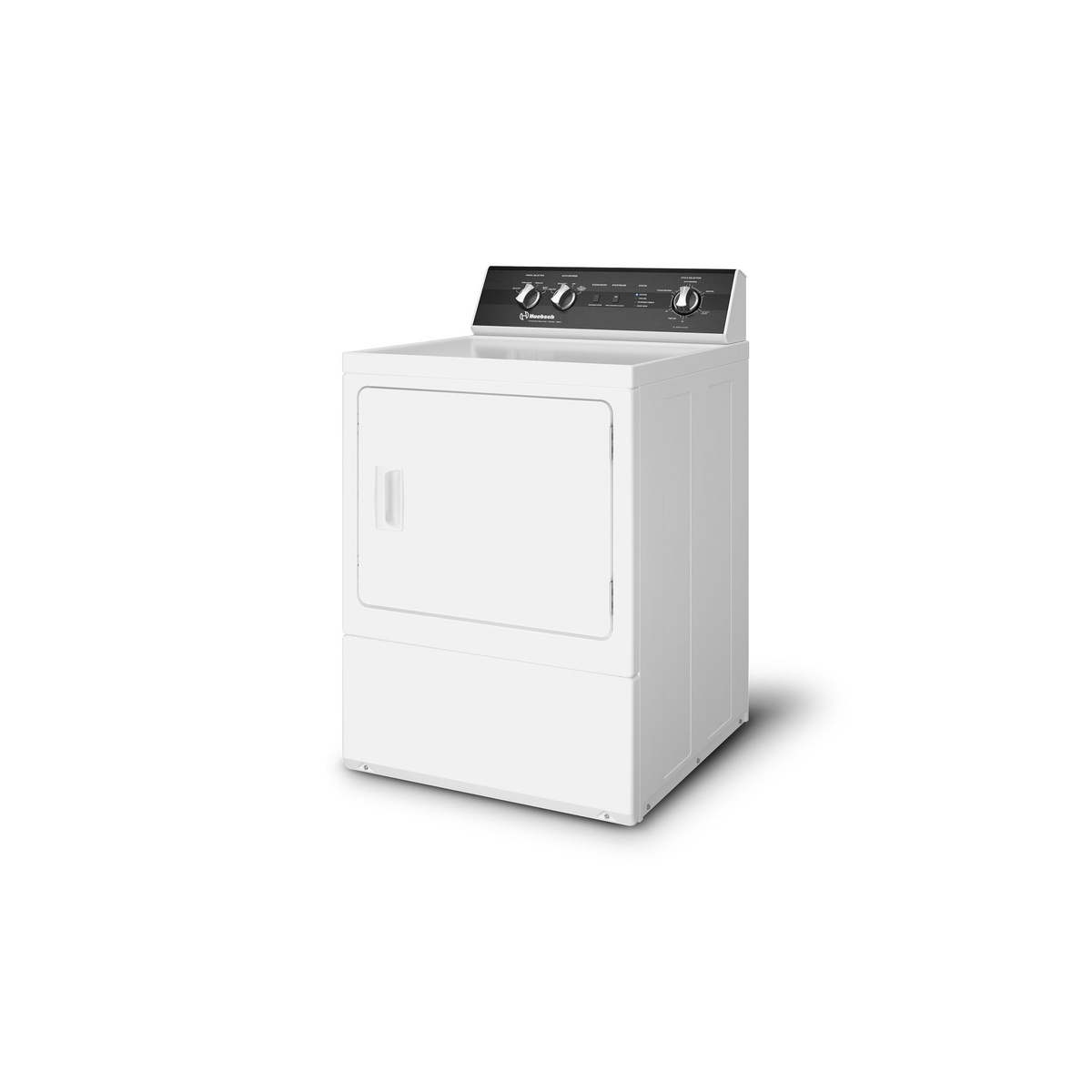 White Huebsch DR5 series dryer shown from the right-front angle with rear control panel and front-loading door