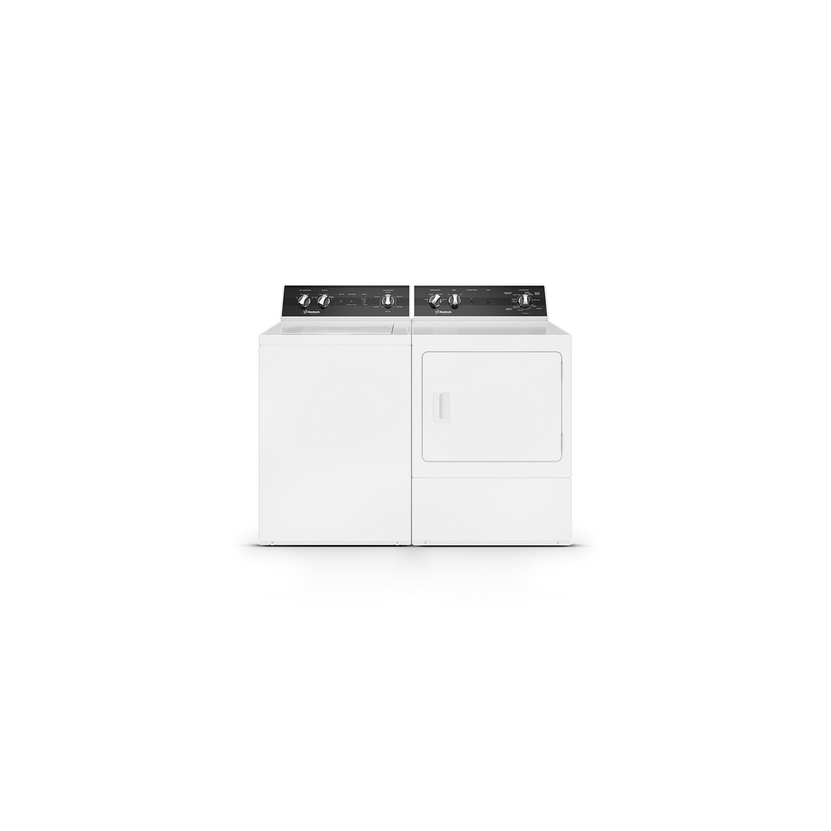 Matching white Huebsch washer and dryer pair shown side by side with coordinated control panels