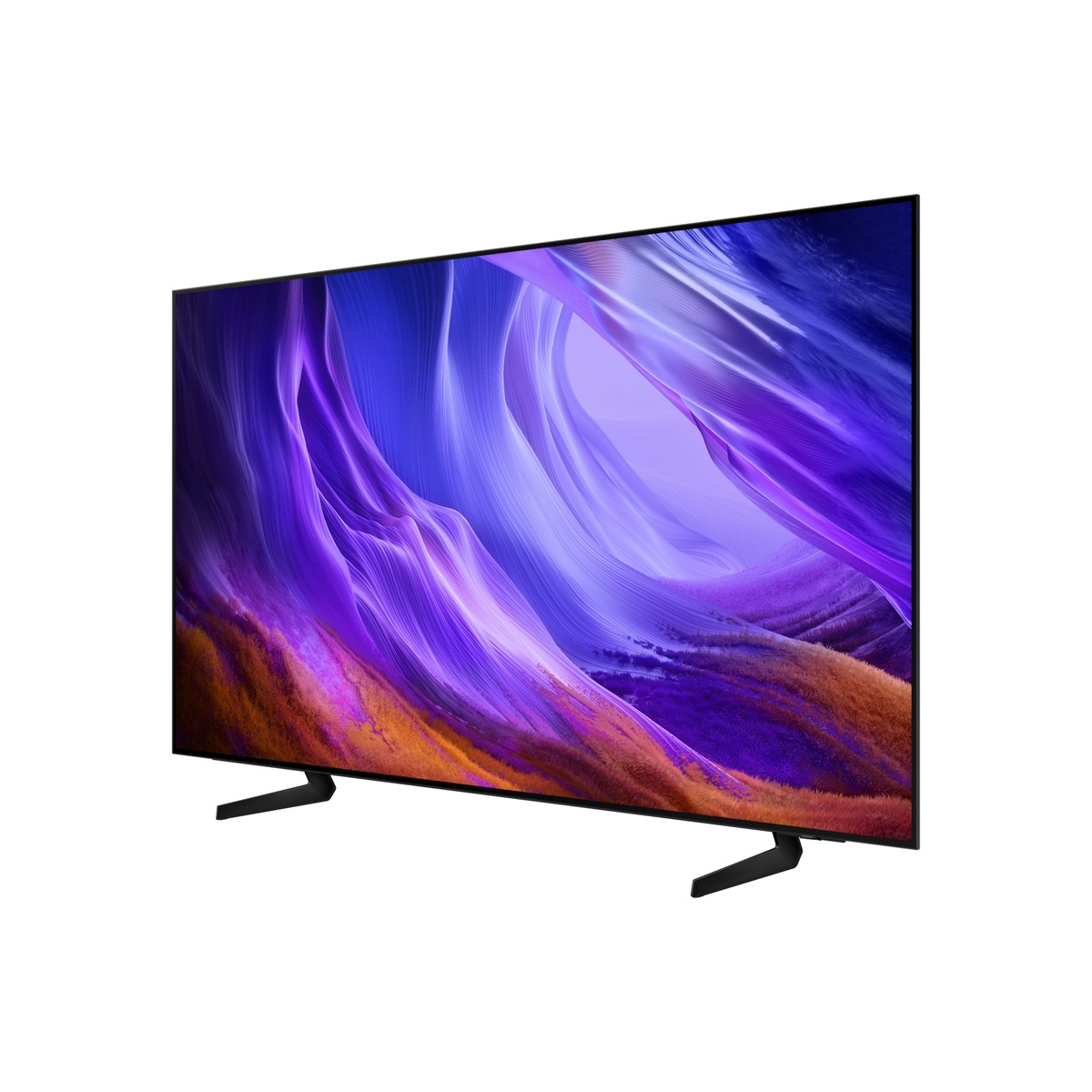 Angled front view of Samsung OLED S85H TV with slim bezel and two low-profile feet