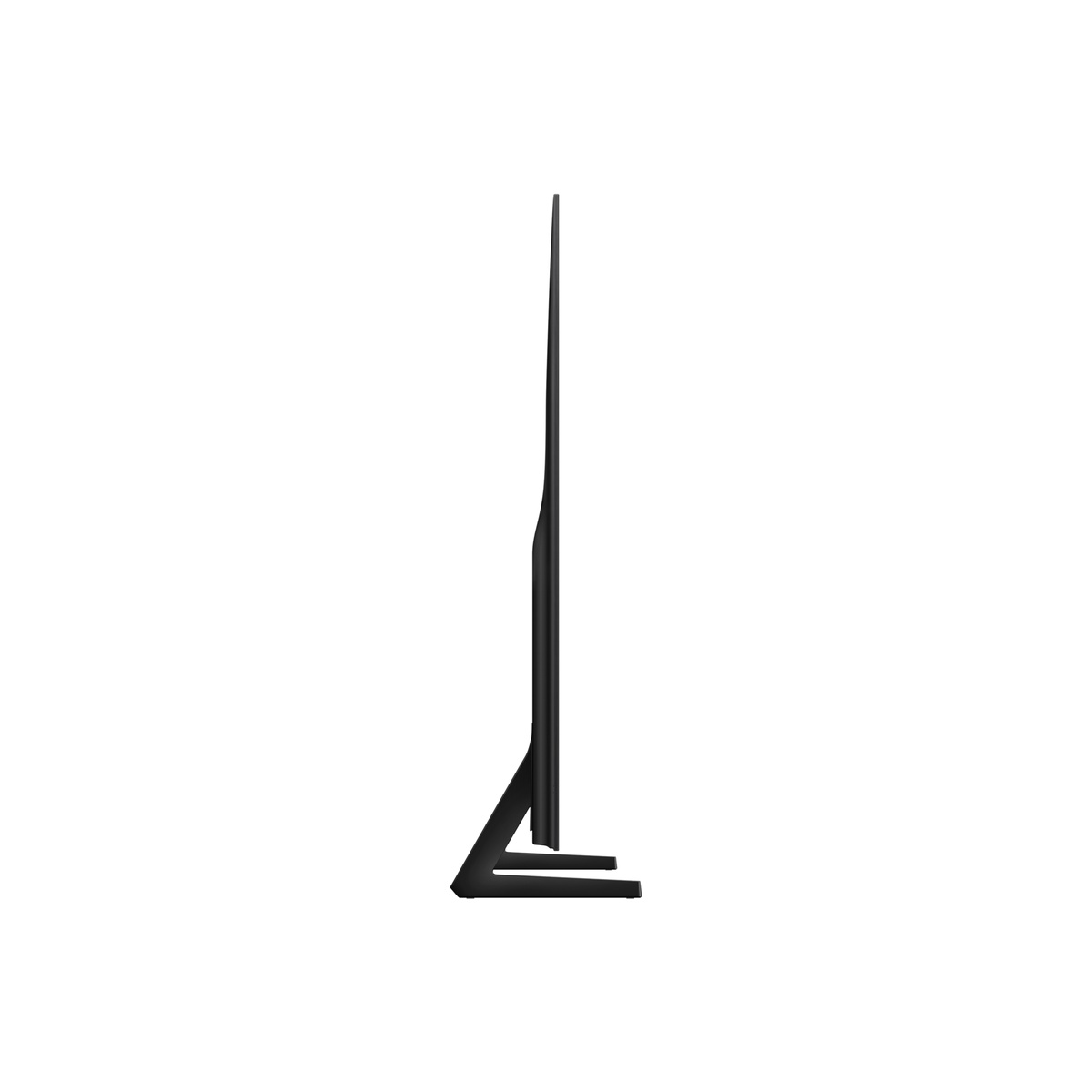 Side profile view of Samsung OLED S85H TV showing a thin panel and angled stand