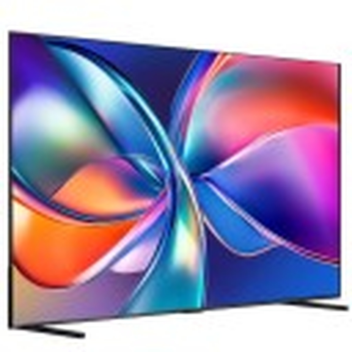 Angled left view of a Hisense TV showing a bright, colourful image on the screen