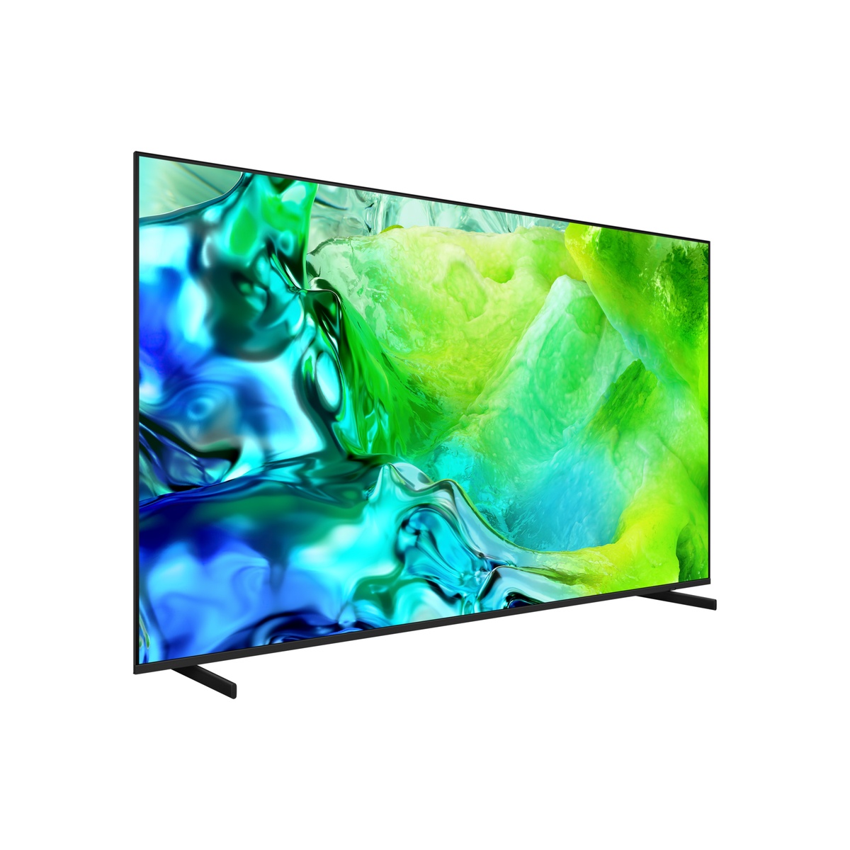 Angled view of the Samsung Neo QLED TV showing a thin profile, narrow bezel, and two feet stand.