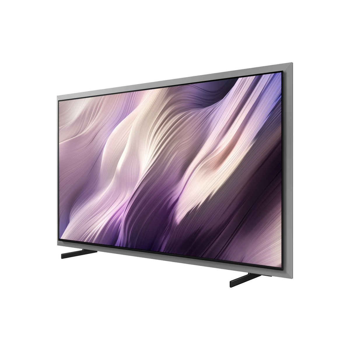Angled view of the Samsung S95H OLED TV showing a slim, bezel-less screen and two feet stand