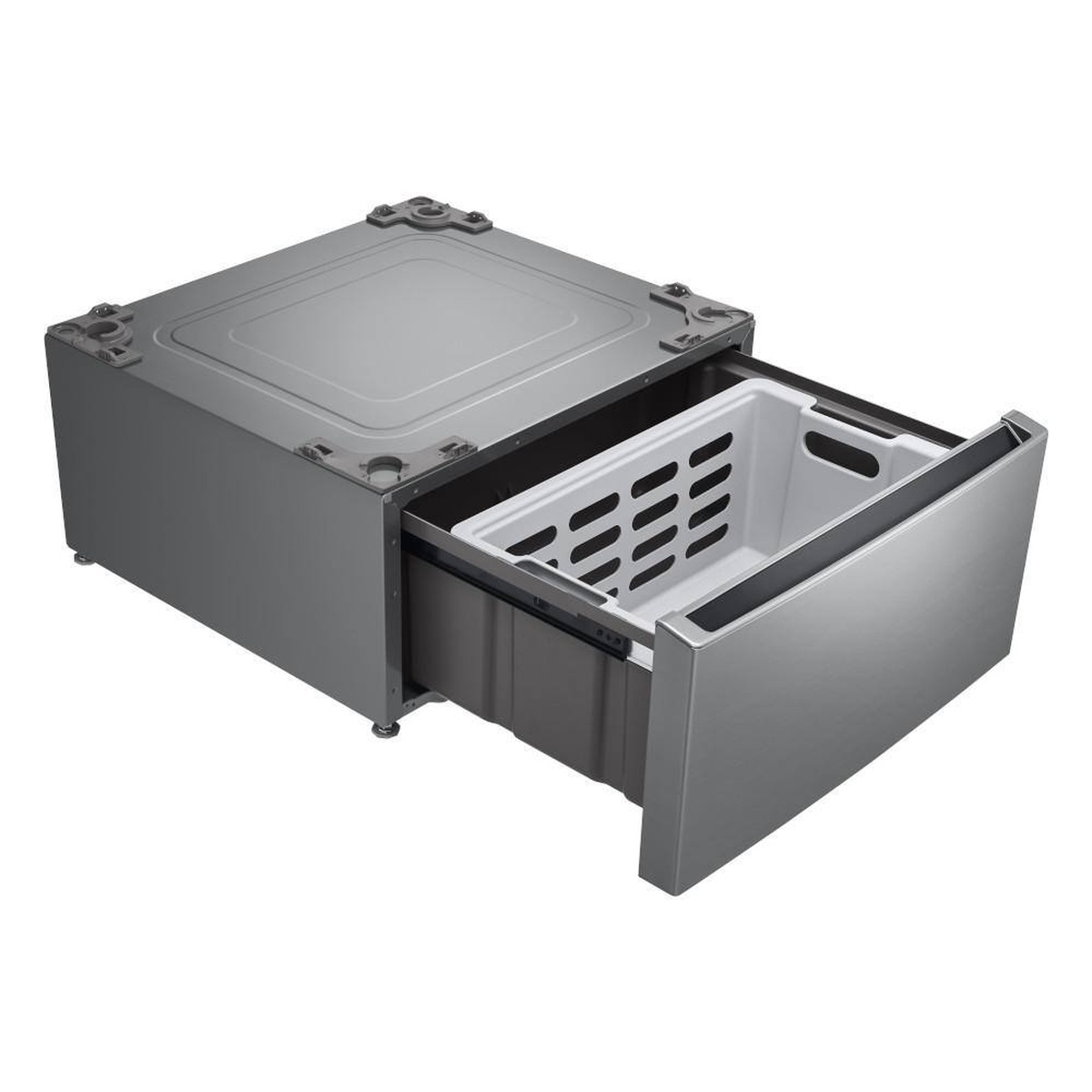 Graphite-finish LG pedestal with pull-out drawer open, showing a removable white storage basket inside