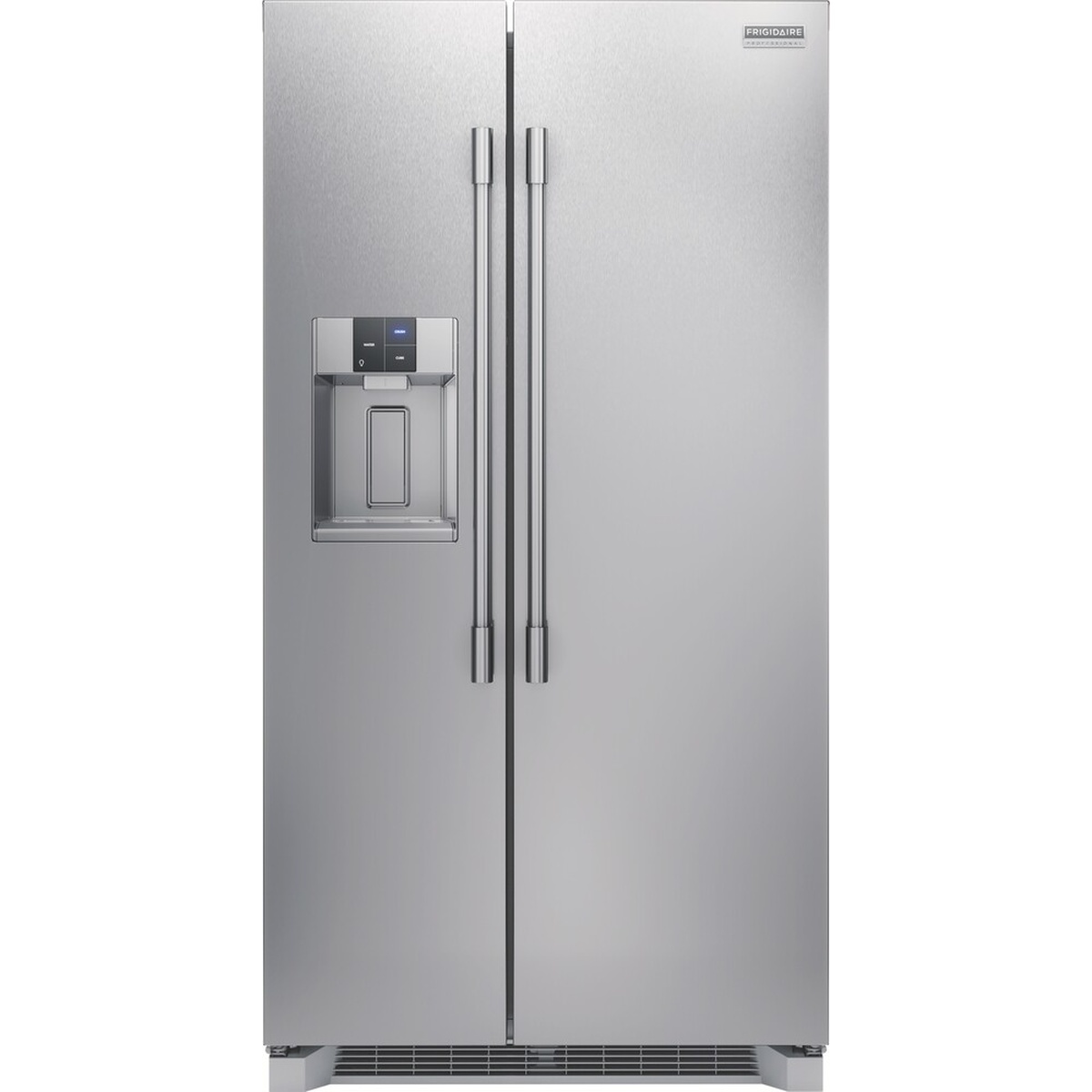 Front view of a stainless Frigidaire side-by-side refrigerator with external water and ice dispenser and long handles