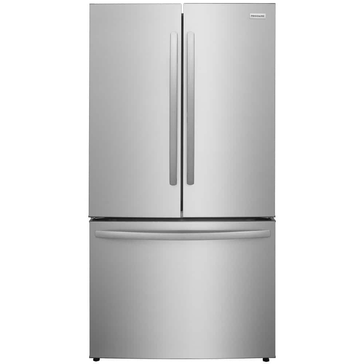 Front view of a stainless steel Frigidaire French door refrigerator with bar handles and a bottom freezer drawer