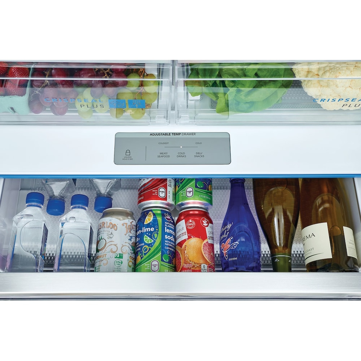 Close-up of the refrigerator adjustable temperature drawer controls with drinks and bottles stored in the drawer