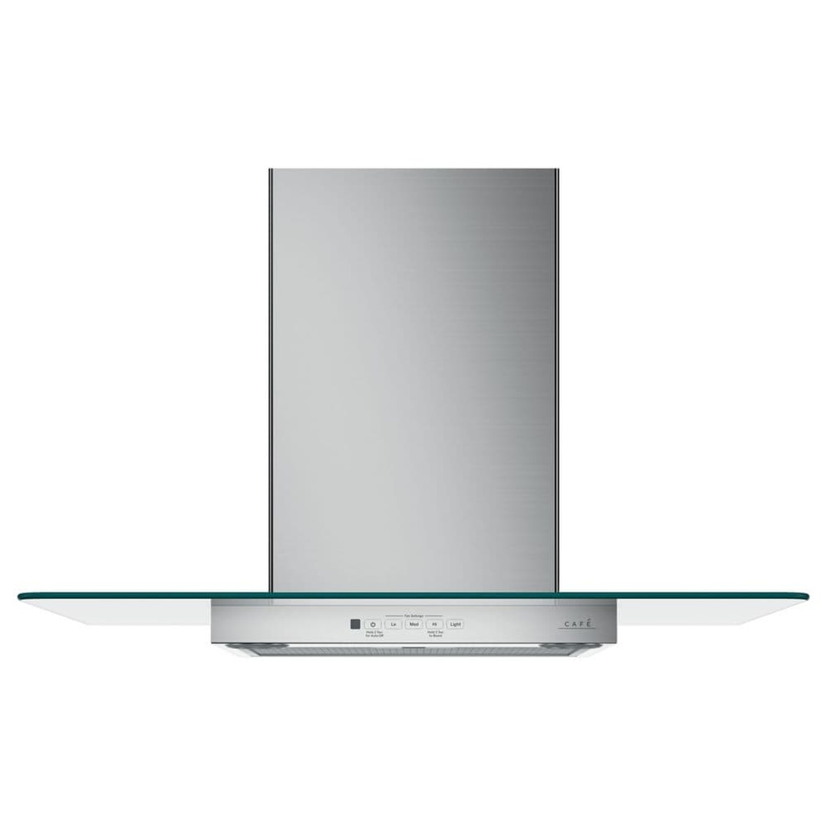 Front view of a stainless steel Café wall-mount range hood with a wide glass canopy.