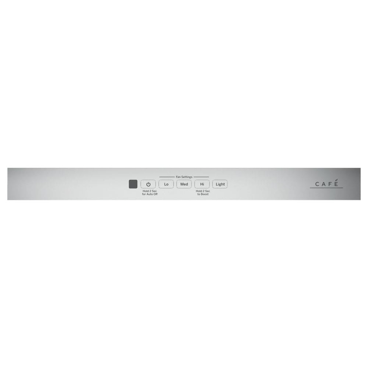 Close-up of the Café hood control strip with backlit electronic buttons for power, fan settings (Lo, Med, Hi), boost, and light.