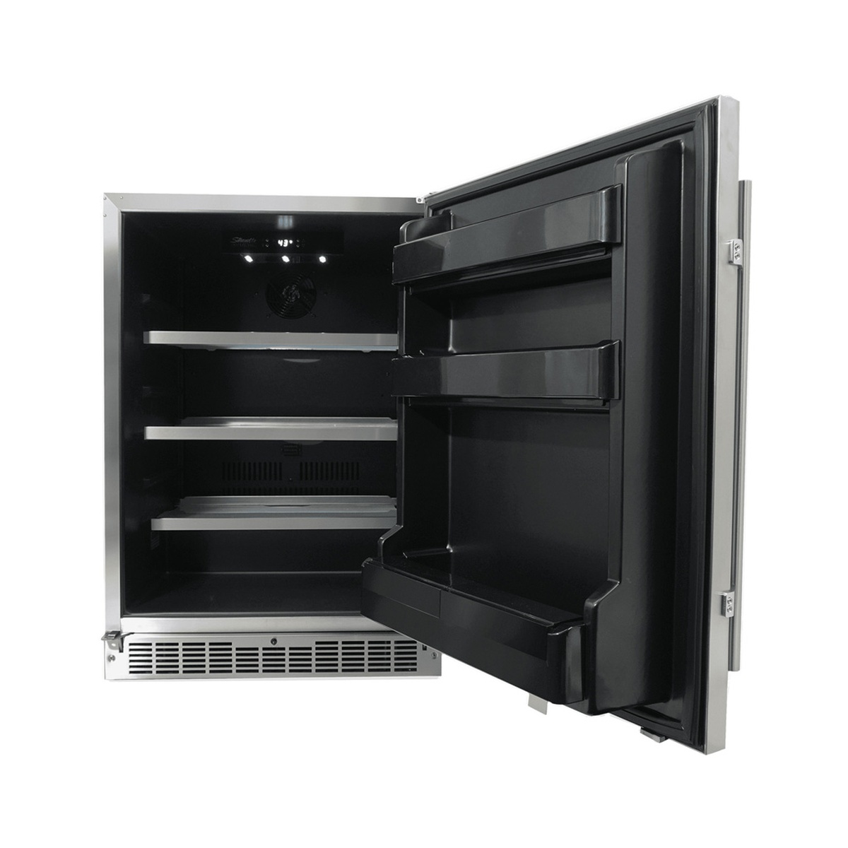 Open refrigerator showing adjustable interior shelves and multiple door bins