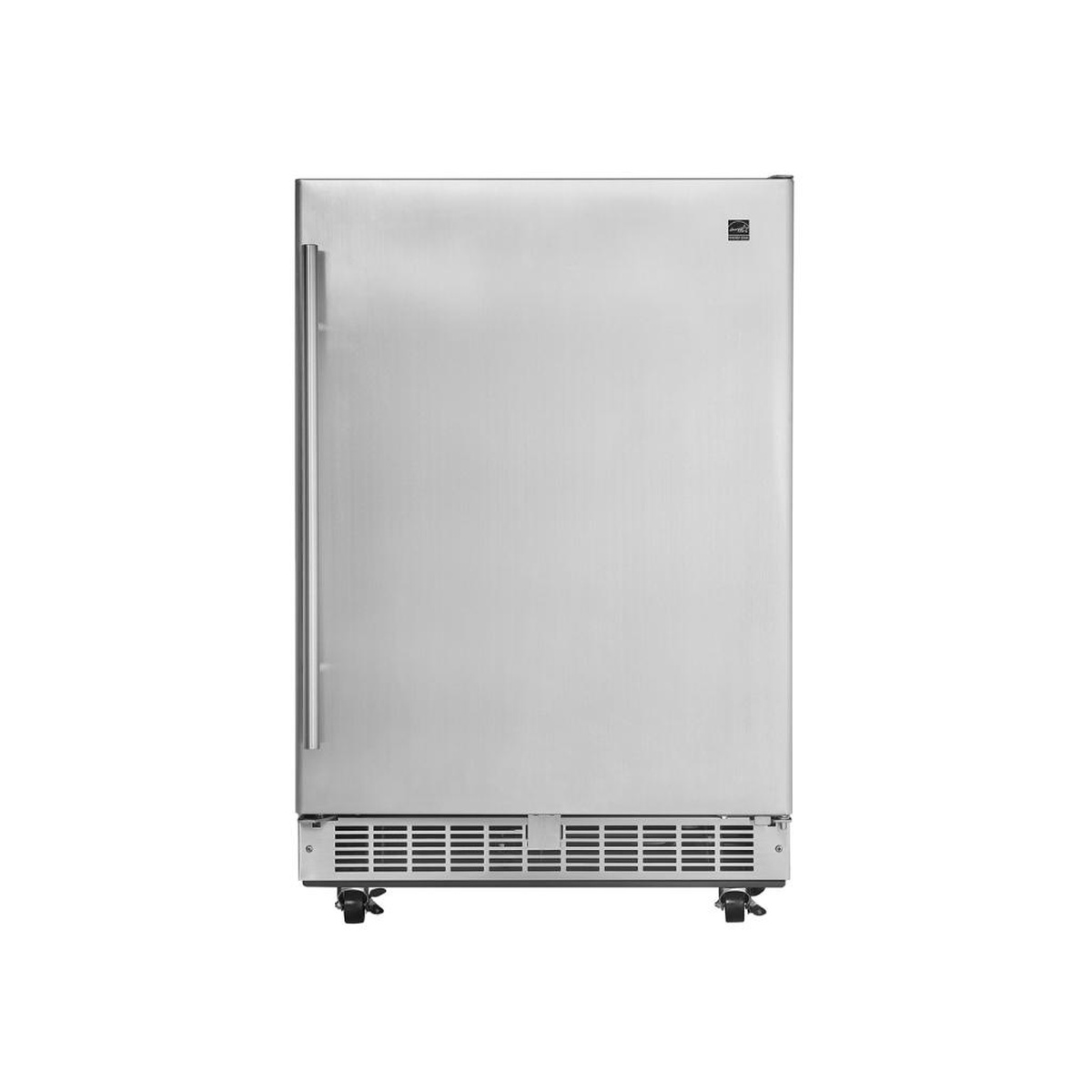 Front view of stainless steel built-in outdoor refrigerator with long handle and bottom grille