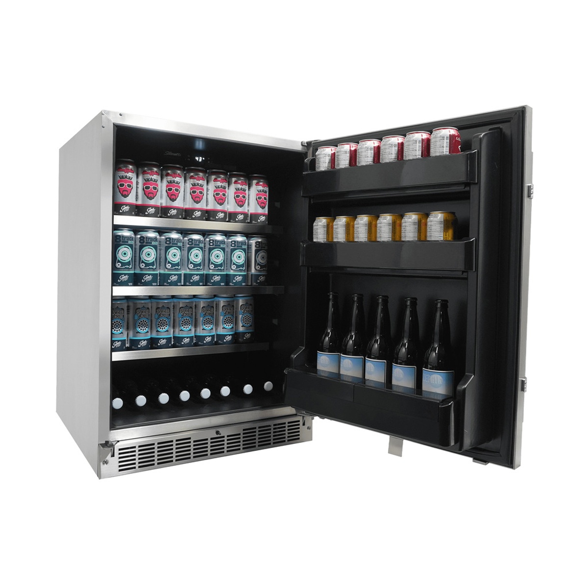 Open refrigerator stocked with beverage cans on shelves and bottles in the door