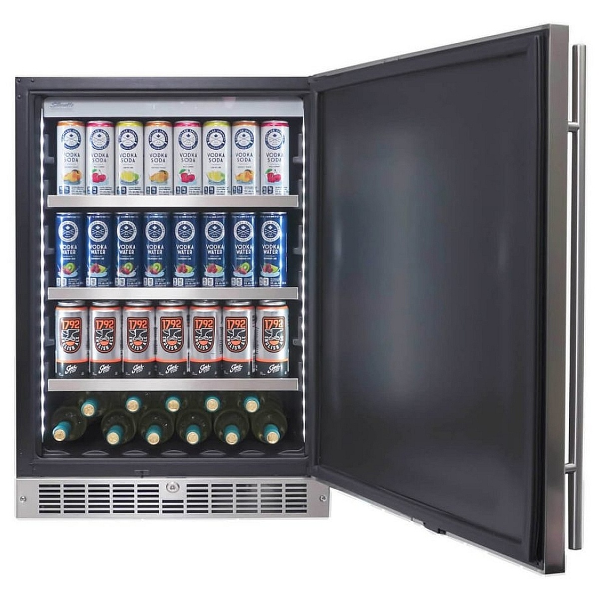 Open Silhouette undercounter refrigerator showing pull-out metal shelves, interior LED side lighting, and stored beverage cans and wine bottles