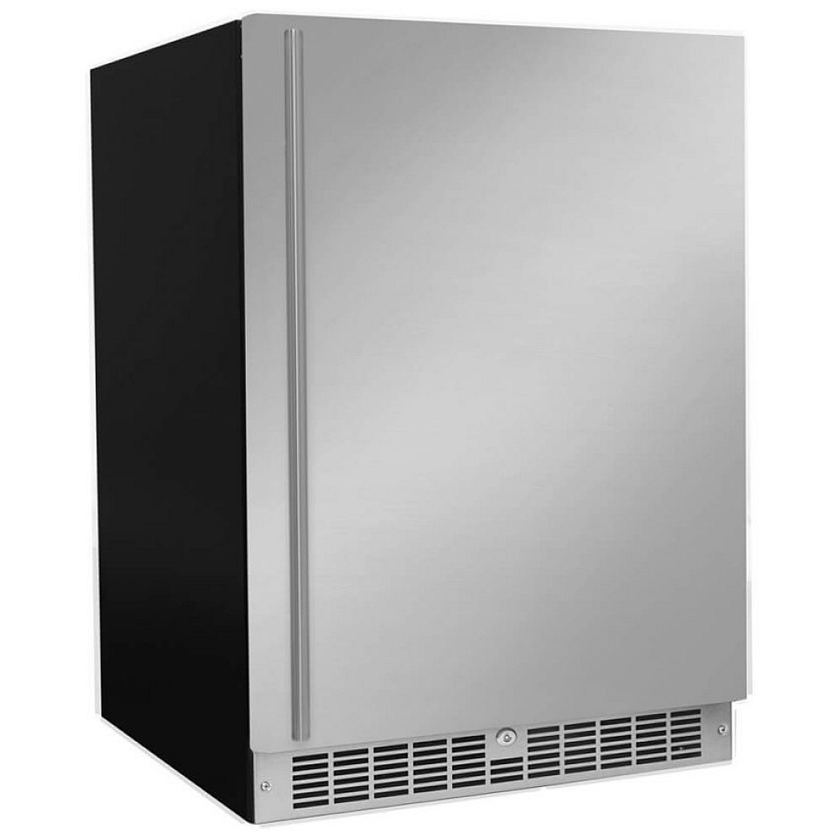 Angled front view of the Silhouette undercounter refrigerator with solid stainless steel door, long bar handle, and front ventilation grille