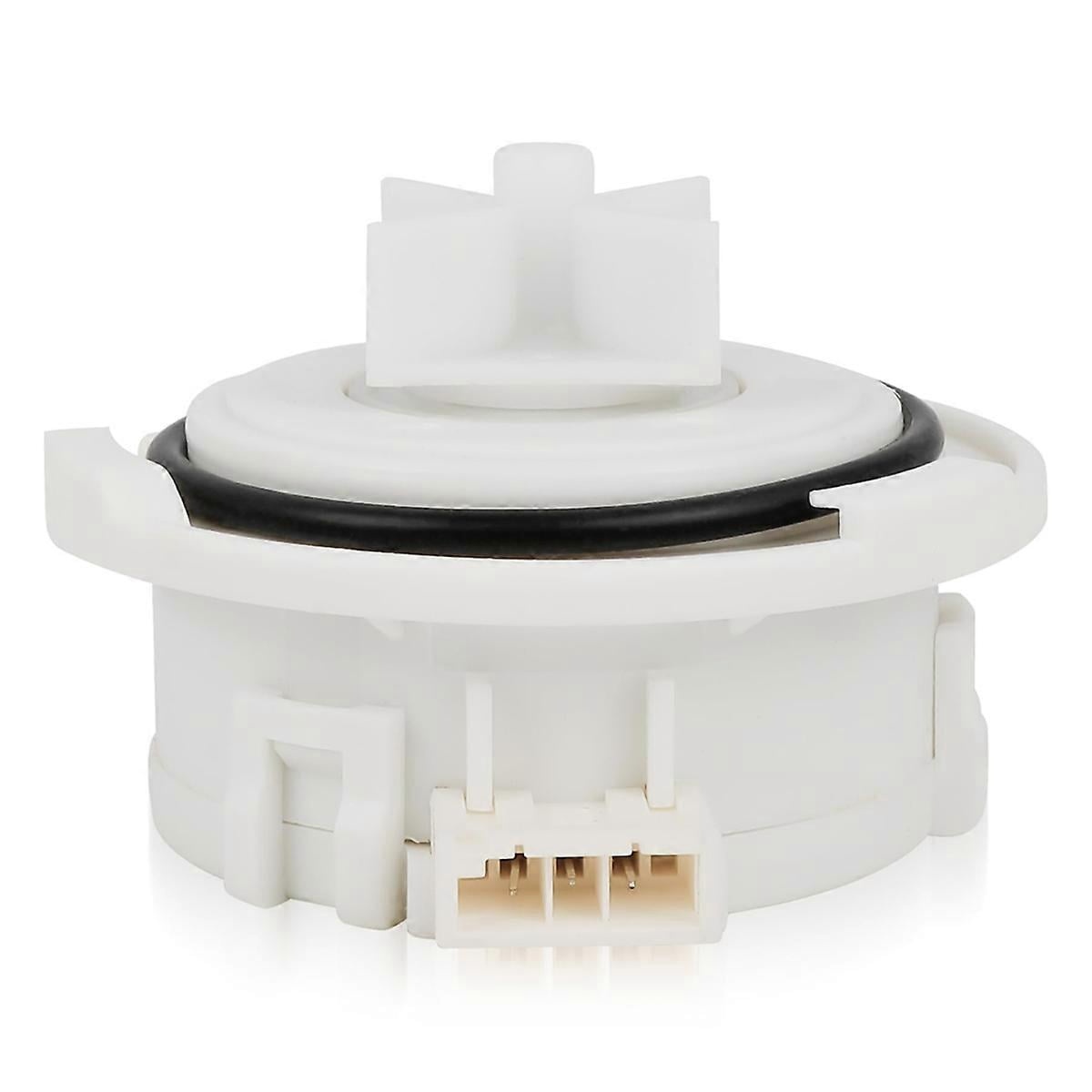 White dishwasher drain pump with a black rubber gasket and a plug-in electrical connector