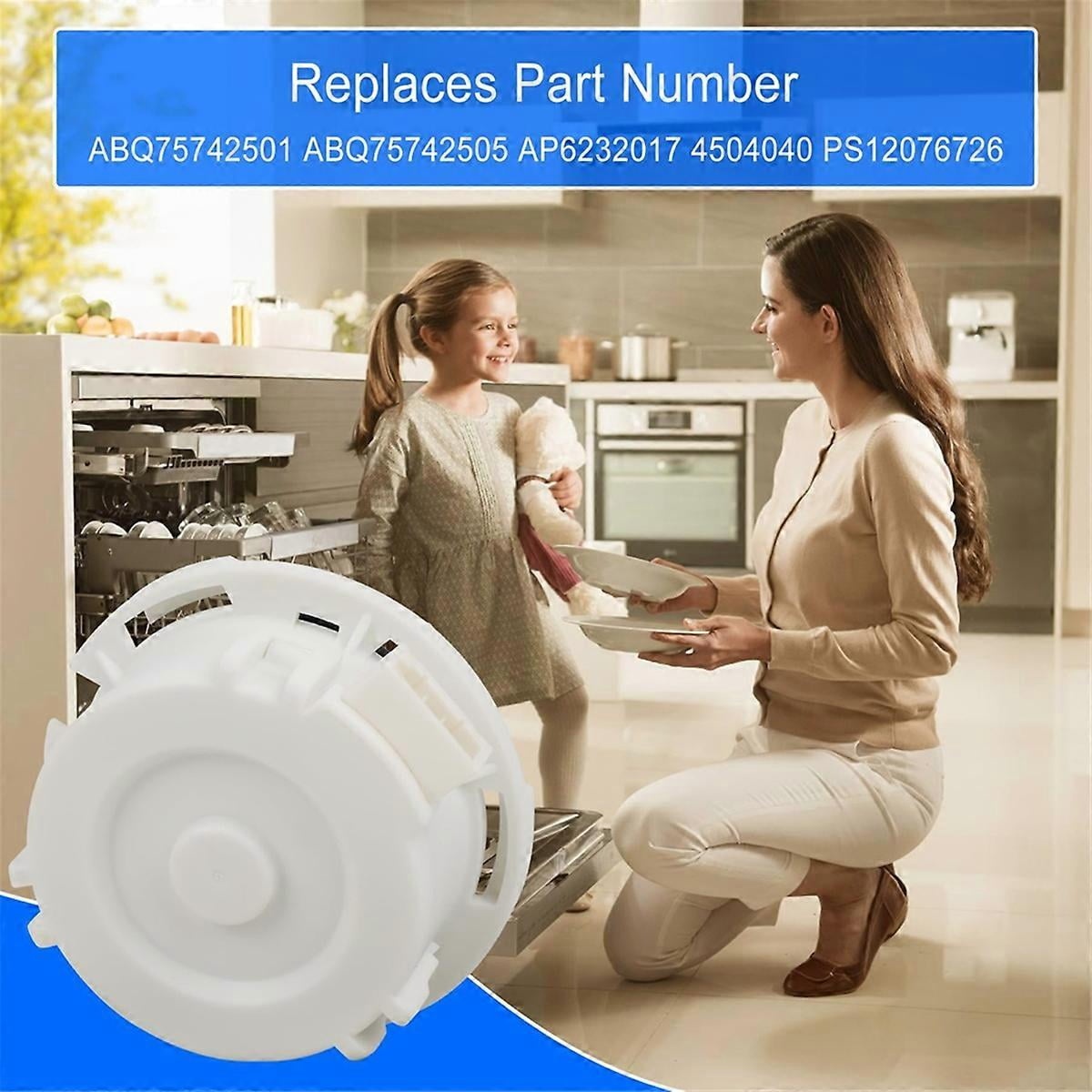 Lifestyle image of an open dishwasher with text listing replacement part numbers for the drain pump