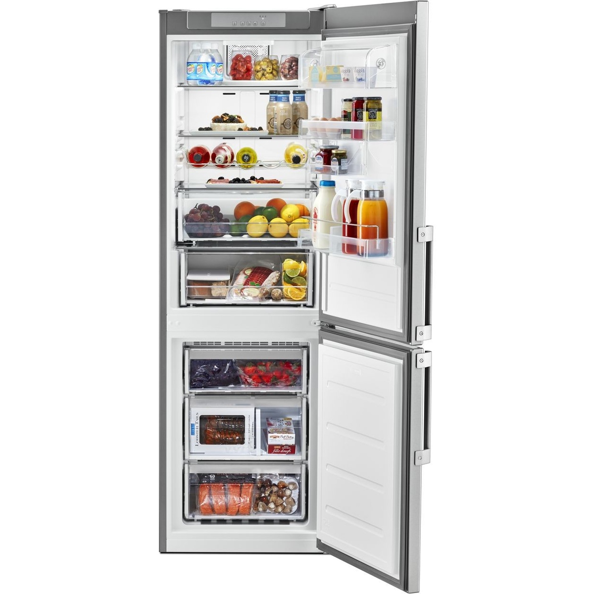 Open Whirlpool bottom-freezer refrigerator showing glass shelves, door bins, wine rack, and three freezer drawers