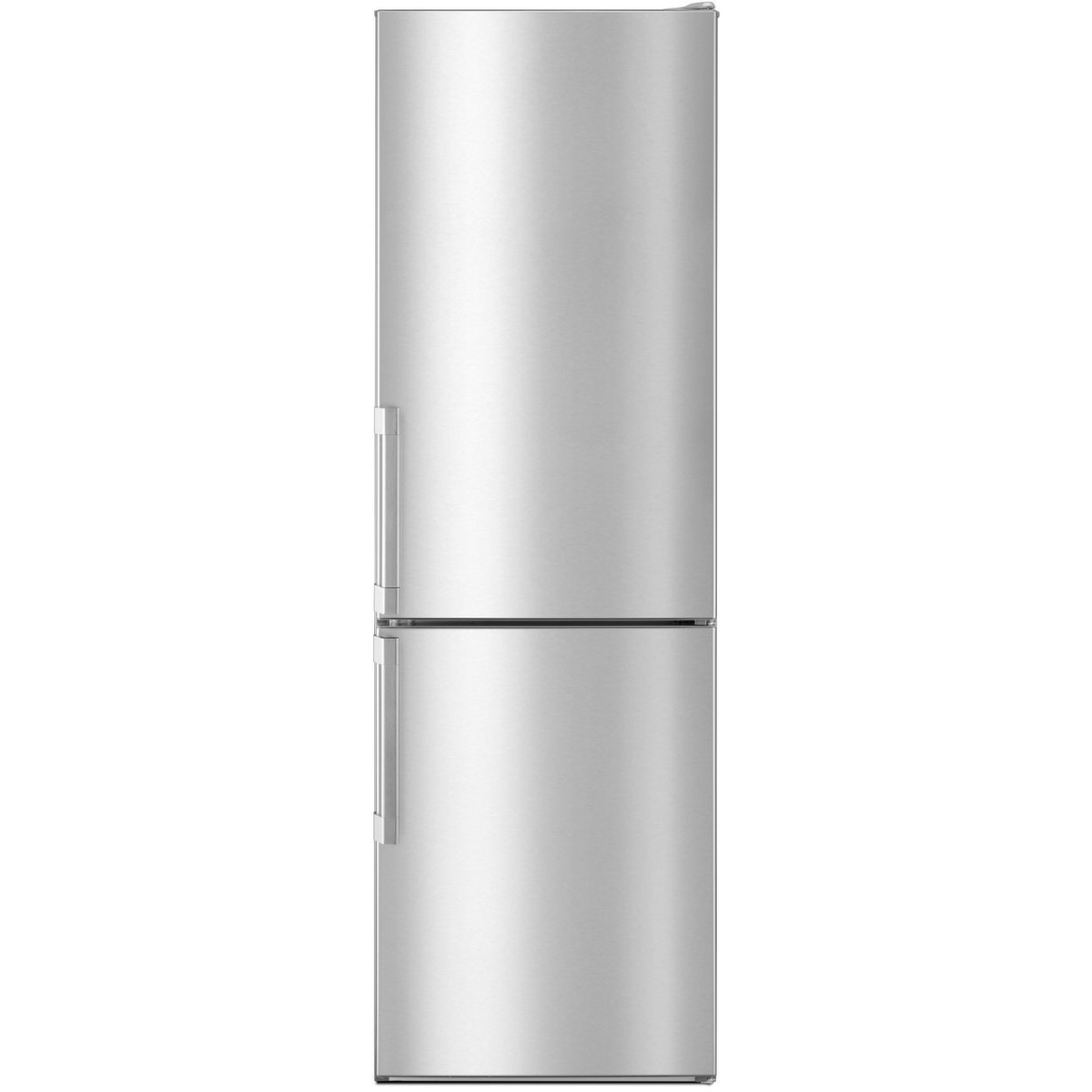 Front view of Whirlpool stainless bottom-freezer refrigerator with flat doors and long vertical handles