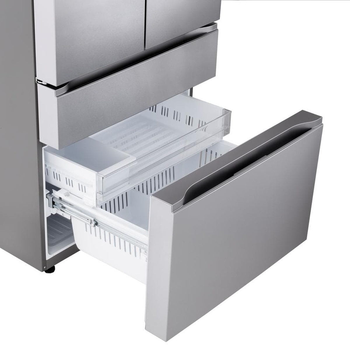 Close-up of the lower pull-out drawer on an LG four-door refrigerator, showing the drawer open with storage bins inside