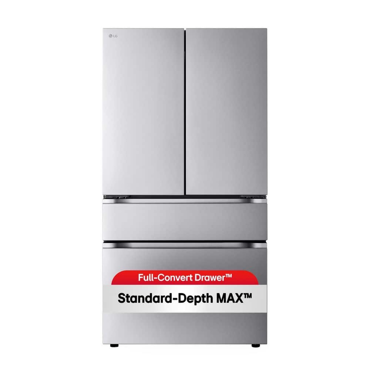 Front view of an LG four-door French door refrigerator in stainless finish with a flat-panel design and a middle drawer