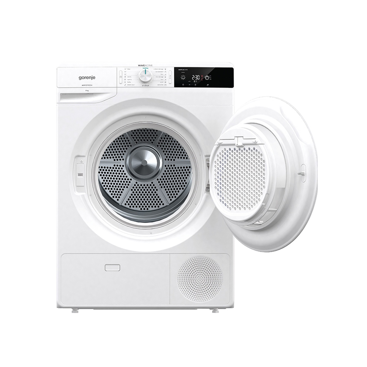 Front view of the Gorenje DE8B dryer with the door open, showing the drum and inside of the door