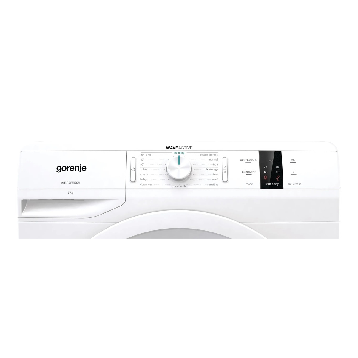 Close-up of the Gorenje DP7C control panel with a central program dial and touch controls