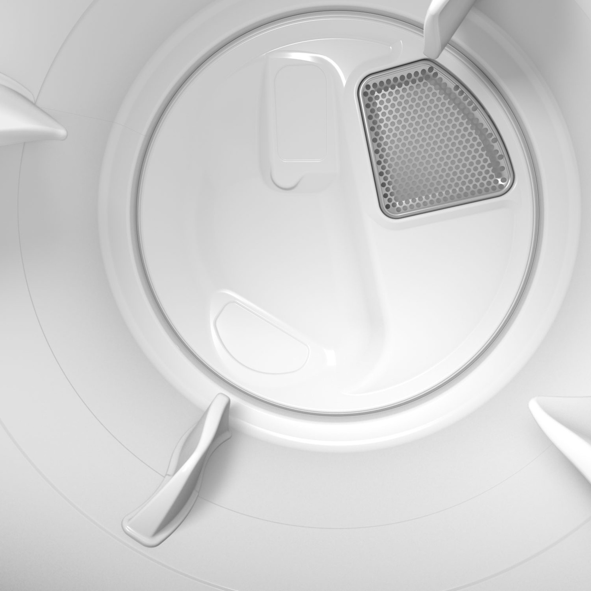 Inside view of the dryer drum showing raised baffles and the interior lint screen area