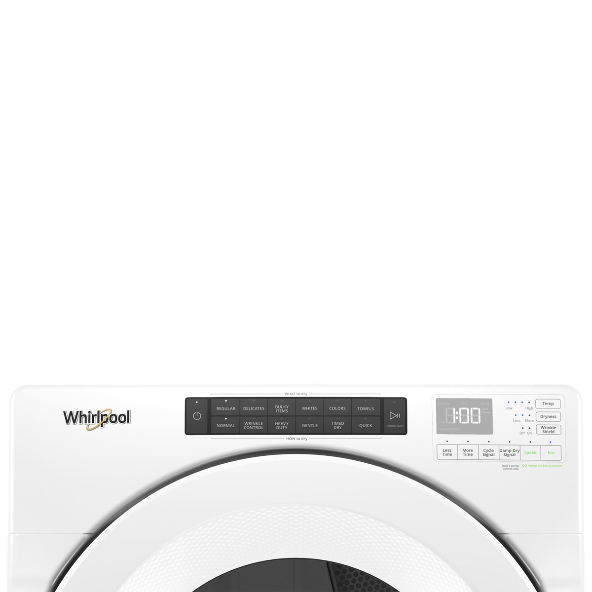 Whirlpool dryer control panel showing cycle buttons, a digital time display, and touch keys for settings like Temp, Dryness, and Wrinkle Shield