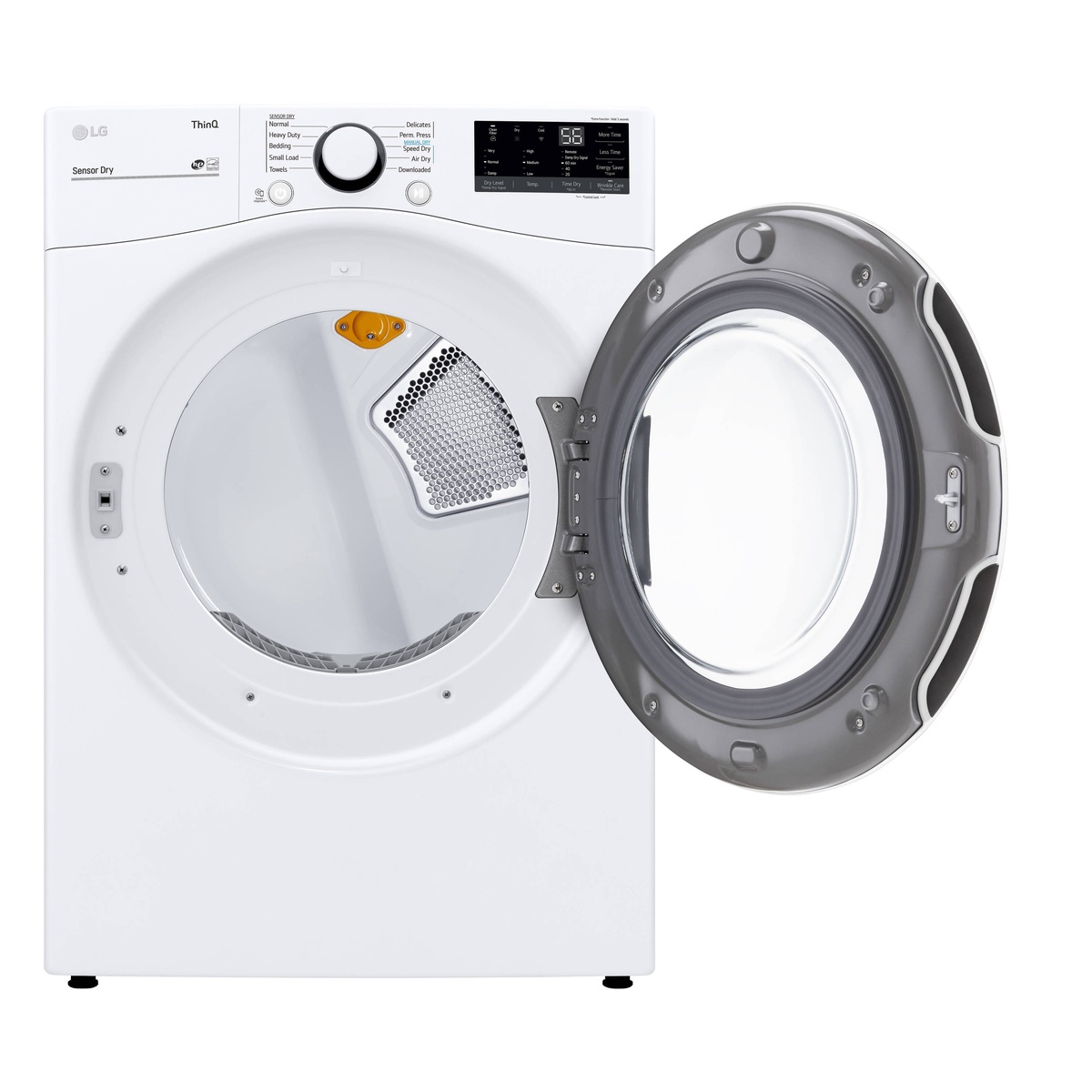 Front view of the white LG DLE3600W dryer with the door open, showing the drum and lint filter area