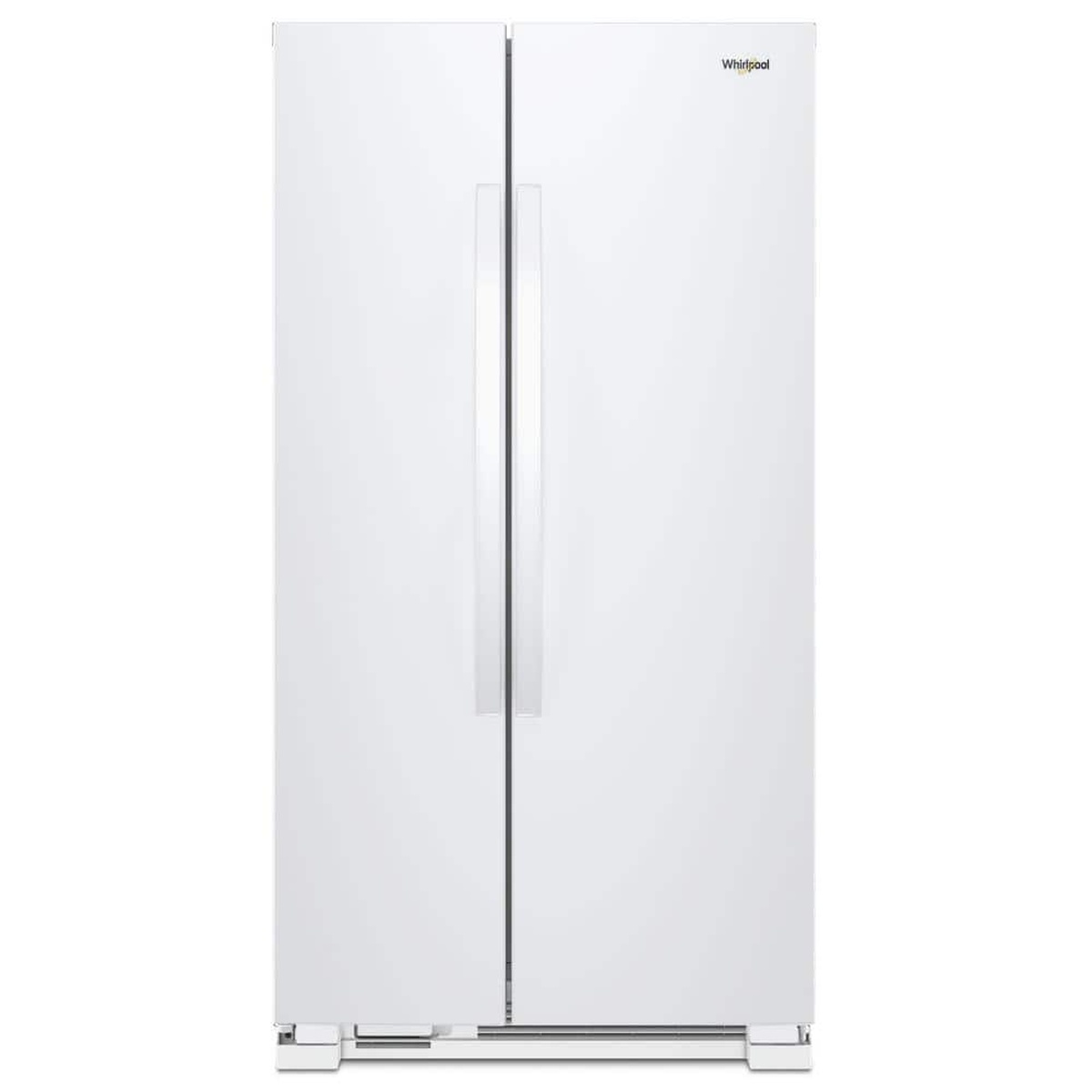 Front view of a white Whirlpool side-by-side refrigerator with long vertical handles