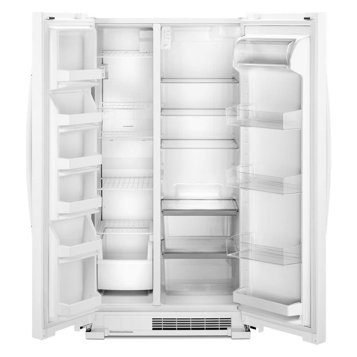 Open Whirlpool side-by-side refrigerator showing shelves and multiple door bins