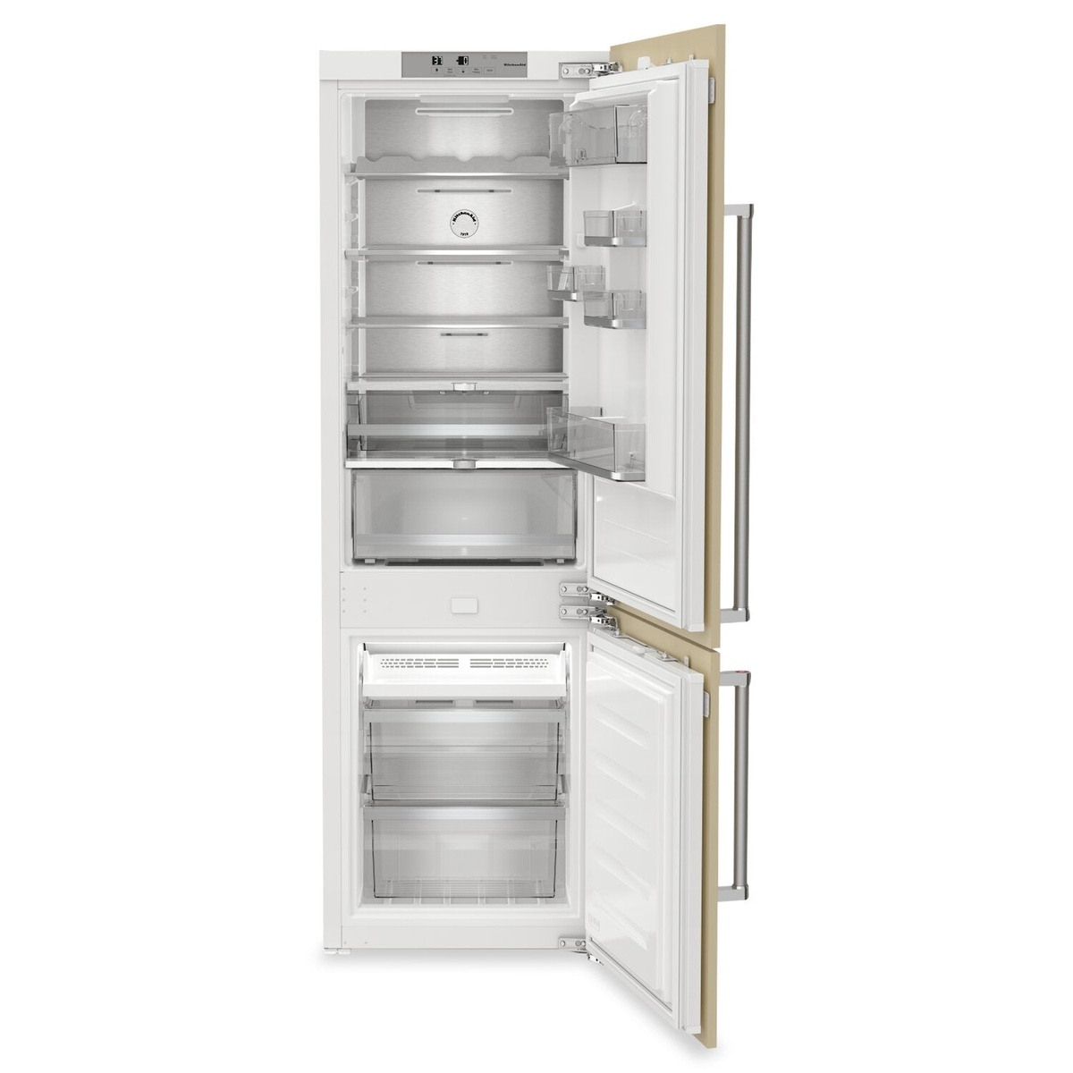Open KitchenAid panel-ready bottom-mount refrigerator showing adjustable shelves, door bins, crisper drawers, and freezer drawers