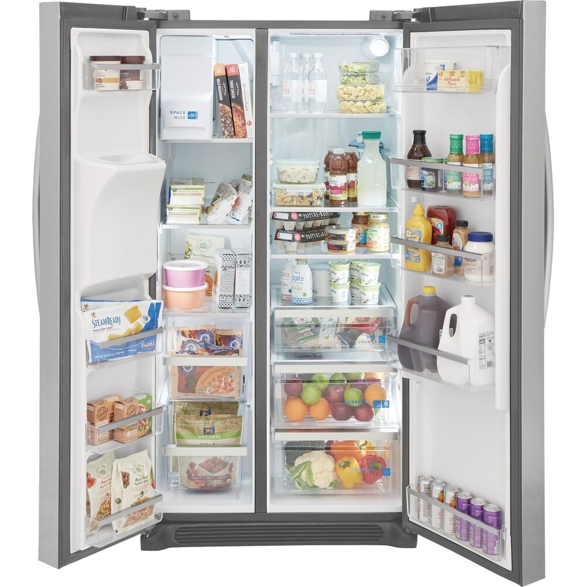 Open Frigidaire Gallery side-by-side refrigerator showing glass shelves, clear door bins, drawers, and bright interior lighting